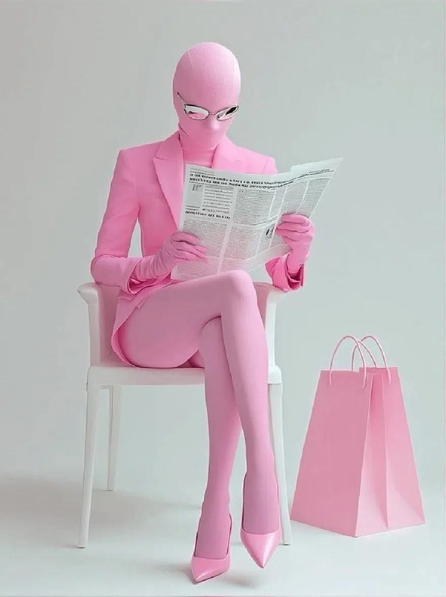 Русский промпт: A person in a pink suit sitting on a white plastic chair, reading a newspaper. The person is wearing a tight, stretchy pink bodysuit, matching gloves, and high heels. The background is a plain, light grey, and there is a pink shopping bag on the right side of the image. The image is a high-quality, 3D rendering with a smooth, glossy finish. The overall aesthetic is minimalistic and modern. | Original prompt: A person in a pink suit sitting on a white plastic chair, reading a newspaper. The person is wearing a tight, stretchy pink bodysuit, matching gloves, and high heels. The background is a plain, light grey, and there is a pink shopping bag on the right side of the image. The image is a high-quality, 3D rendering with a smooth, glossy finish. The overall aesthetic is minimalistic and modern.