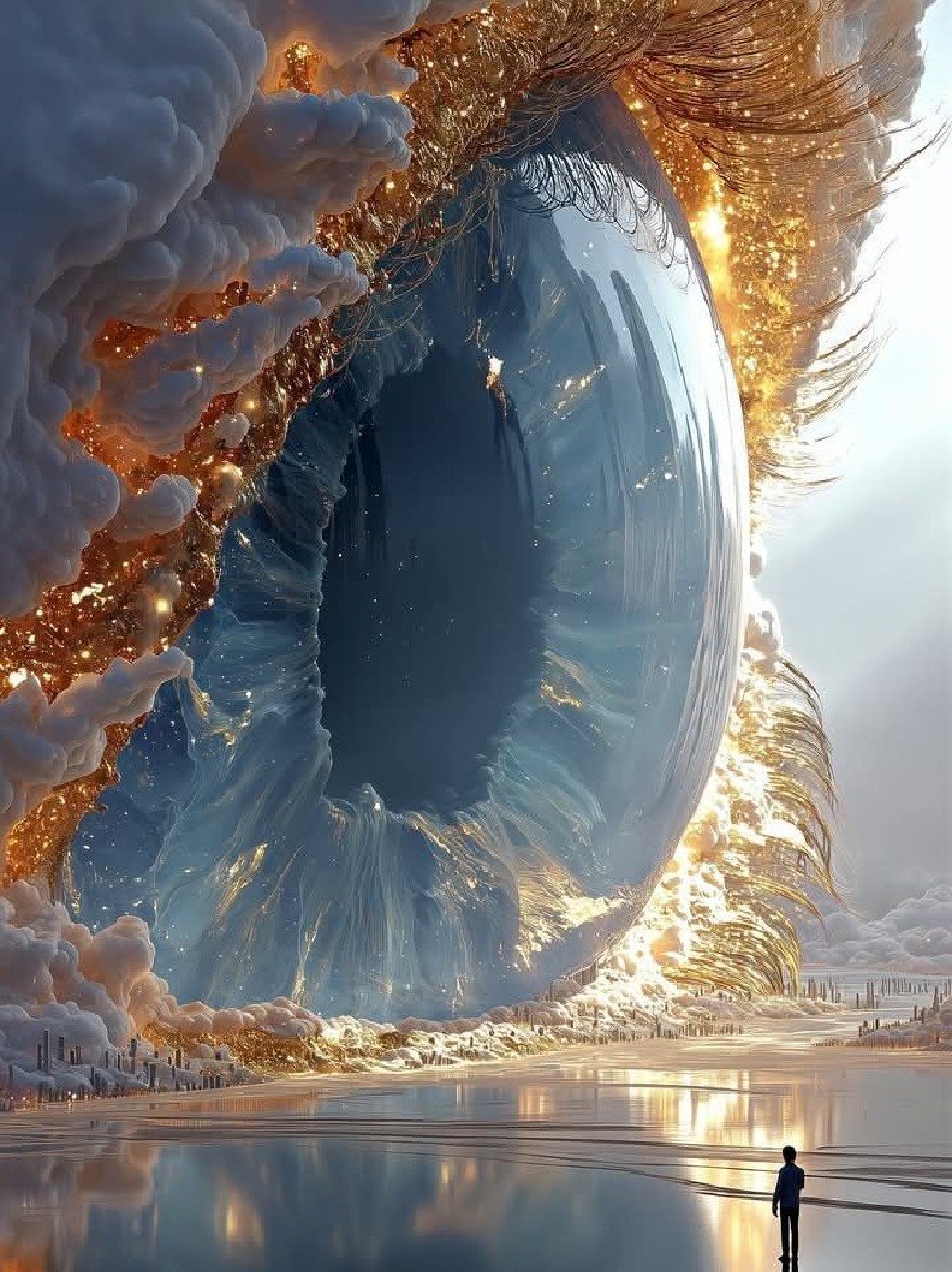 Русский промпт: A surreal digital painting depicting a man standing in the middle of a vast expanse of water, looking up at a large, swirling, ethereal structure made of translucent glass and gold particles, resembling a giant eye. The structure is reflected in the still waters below, creating a mesmerizing effect. The man is silhouetted against the sky, which is filled with fluffy white clouds. The sky is a deep blue, with a few stars twinkling in the distance. The reflection of the man and the structure in the water creates a sense of depth and dimensionality. The overall mood is one of awe and wonder at the vastness of the universe. | Original prompt: A surreal digital painting depicting a man standing in the middle of a vast expanse of water, looking up at a large, swirling, ethereal structure made of translucent glass and gold particles, resembling a giant eye. The structure is reflected in the still waters below, creating a mesmerizing effect. The man is silhouetted against the sky, which is filled with fluffy white clouds. The sky is a deep blue, with a few stars twinkling in the distance. The reflection of the man and the structure in the water creates a sense of depth and dimensionality. The overall mood is one of awe and wonder at the vastness of the universe.