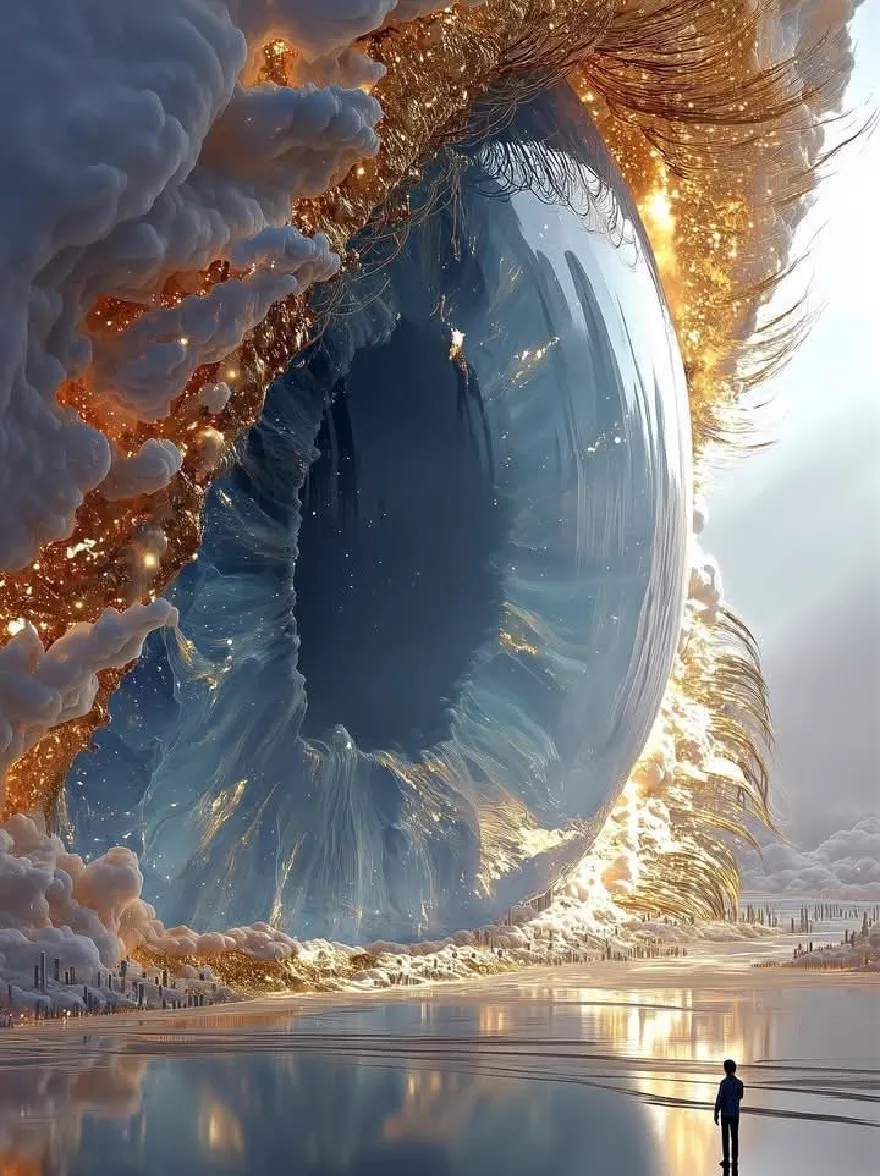 Русский промпт: A surreal digital painting depicting a man standing in the middle of a vast expanse of water, looking up at a large, swirling, ethereal structure made of translucent glass and gold particles, resembling a giant eye. The structure is reflected in the still waters below, creating a mesmerizing effect. The man is silhouetted against the sky, which is filled with fluffy white clouds. The sky is a deep blue, with a few stars twinkling in the distance. The reflection of the man and the structure in the water creates a sense of depth and dimensionality. The overall mood is one of awe and wonder at the vastness of the universe. | Original prompt: A surreal digital painting depicting a man standing in the middle of a vast expanse of water, looking up at a large, swirling, ethereal structure made of translucent glass and gold particles, resembling a giant eye. The structure is reflected in the still waters below, creating a mesmerizing effect. The man is silhouetted against the sky, which is filled with fluffy white clouds. The sky is a deep blue, with a few stars twinkling in the distance. The reflection of the man and the structure in the water creates a sense of depth and dimensionality. The overall mood is one of awe and wonder at the vastness of the universe.