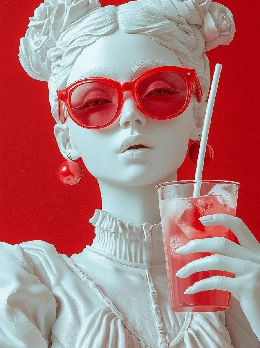 Русский промпт: Photo of a woman with white hair styled in two buns with roses, wearing red sunglasses and a white blouse with ruffled sleeves, holding a plastic cup with a straw in her right hand. The background is a solid red color. The woman has a neutral expression and is wearing red earrings. The image has a minimalistic, photorealistic style with a focus on the woman's face and the glasses. The lighting is bright and even, highlighting her features and the texture of her skin. | Original prompt: Photo of a woman with white hair styled in two buns with roses, wearing red sunglasses and a white blouse with ruffled sleeves, holding a plastic cup with a straw in her right hand. The background is a solid red color. The woman has a neutral expression and is wearing red earrings. The image has a minimalistic, photorealistic style with a focus on the woman's face and the glasses. The lighting is bright and even, highlighting her features and the texture of her skin.