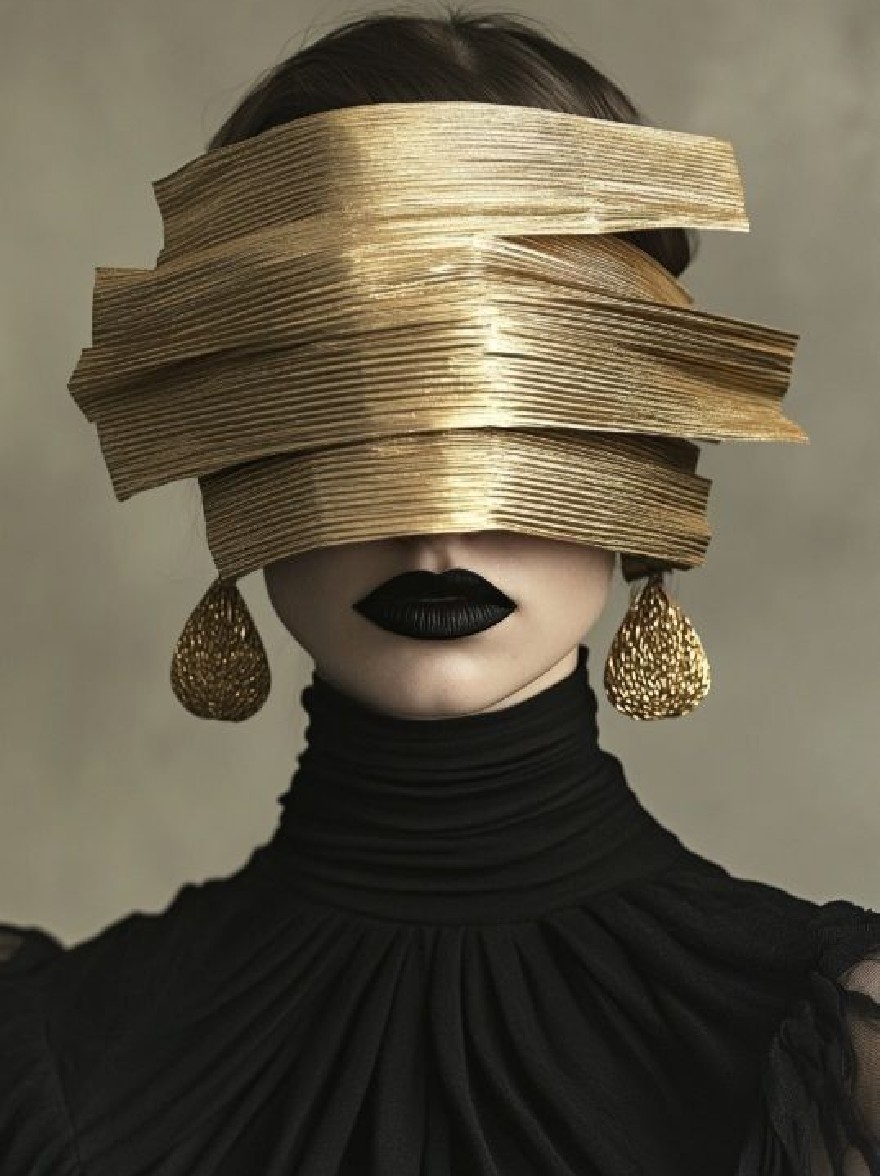 Русский промпт: A woman with pale skin and dark lipstick, wearing a black turtleneck sweater and gold earrings. She has a large, wide-brimmed gold visor covering her eyes, and her hair is styled in a sleek, straight look. The background is a plain, muted grey. The lighting is soft and natural, highlighting her face and the texture of her clothing. The overall aesthetic is sophisticated and edgy. | Original prompt: A woman with pale skin and dark lipstick, wearing a black turtleneck sweater and gold earrings. She has a large, wide-brimmed gold visor covering her eyes, and her hair is styled in a sleek, straight look. The background is a plain, muted grey. The lighting is soft and natural, highlighting her face and the texture of her clothing. The overall aesthetic is sophisticated and edgy.