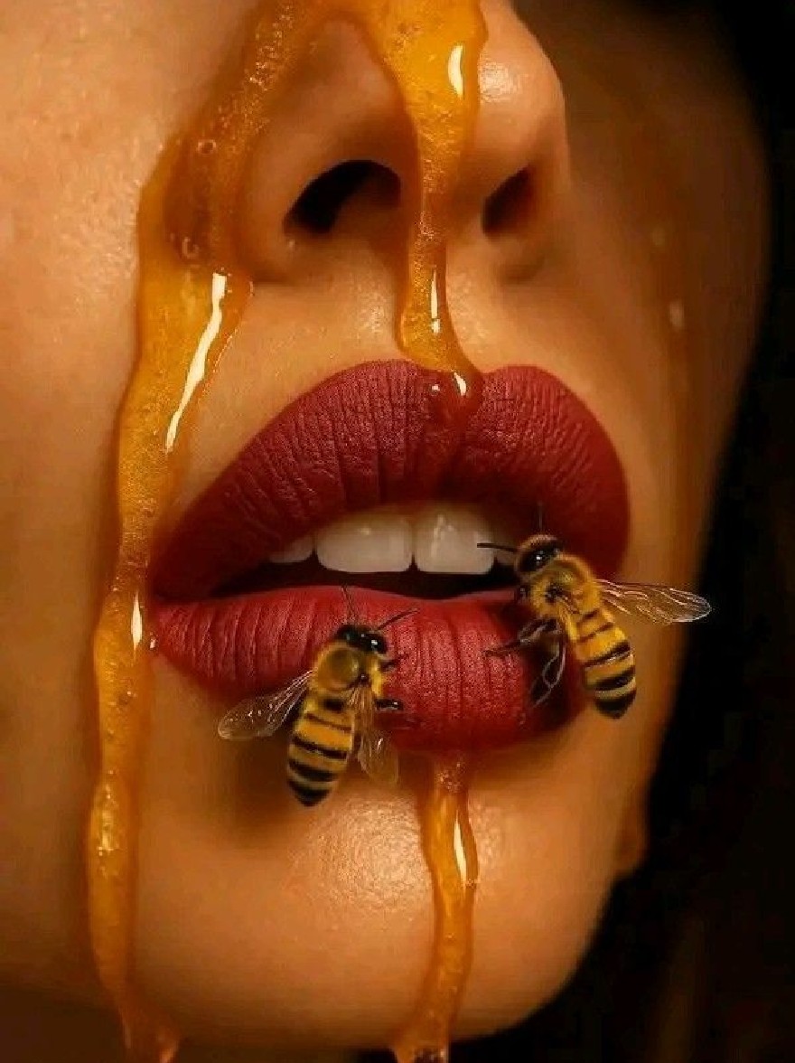 Русский промпт: A close-up photograph of a woman's lips with two bees delicately touching each other. The woman has fair skin and is wearing red lipstick. The bees are buzzing around her lips, one on each side. The background is blurred, allowing the focus to remain on the woman's face and the bees. There is a drizzle of honey on her lips and nose, creating a beautiful contrast between the two insects. The lighting is soft and natural, highlighting the glossy texture of the honey. The overall aesthetic is sensual and captivating. | Original prompt: A close-up photograph of a woman's lips with two bees delicately touching each other. The woman has fair skin and is wearing red lipstick. The bees are buzzing around her lips, one on each side. The background is blurred, allowing the focus to remain on the woman's face and the bees. There is a drizzle of honey on her lips and nose, creating a beautiful contrast between the two insects. The lighting is soft and natural, highlighting the glossy texture of the honey. The overall aesthetic is sensual and captivating.