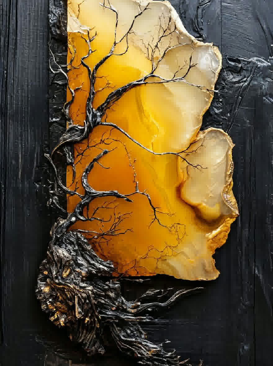 Русский промпт: Фотография куска коряги с деревом, выращенным из него, установлена на темном деревянном фоне. В корячке есть грубая текстурированная поверхность с золотым оттенком, а дерево имеет тонкие, голые ветви с скрученными корнями. Дерево расположено в центре коряги, с его стволом и ветвями простираются наружу. Фон состоит из чередующихся оттенков желтого и черного, создавая поразительный контраст. Фотография имеет сюрреалистическое, эфирное качество с акцентом на текстуру и глубину дерева. | Original prompt: A photograph of a piece of driftwood with a tree growing out of it, set against a dark wooden background. The driftwood has a rough, textured surface with a golden hue, and the tree has thin, bare branches with twisted roots. The tree is situated in the center of the driftwood, with its trunk and branches extending outwards. The background is composed of alternating shades of yellow and black, creating a striking contrast. The photograph has a surreal, ethereal quality to it, with a focus on the texture and depth of the wood.