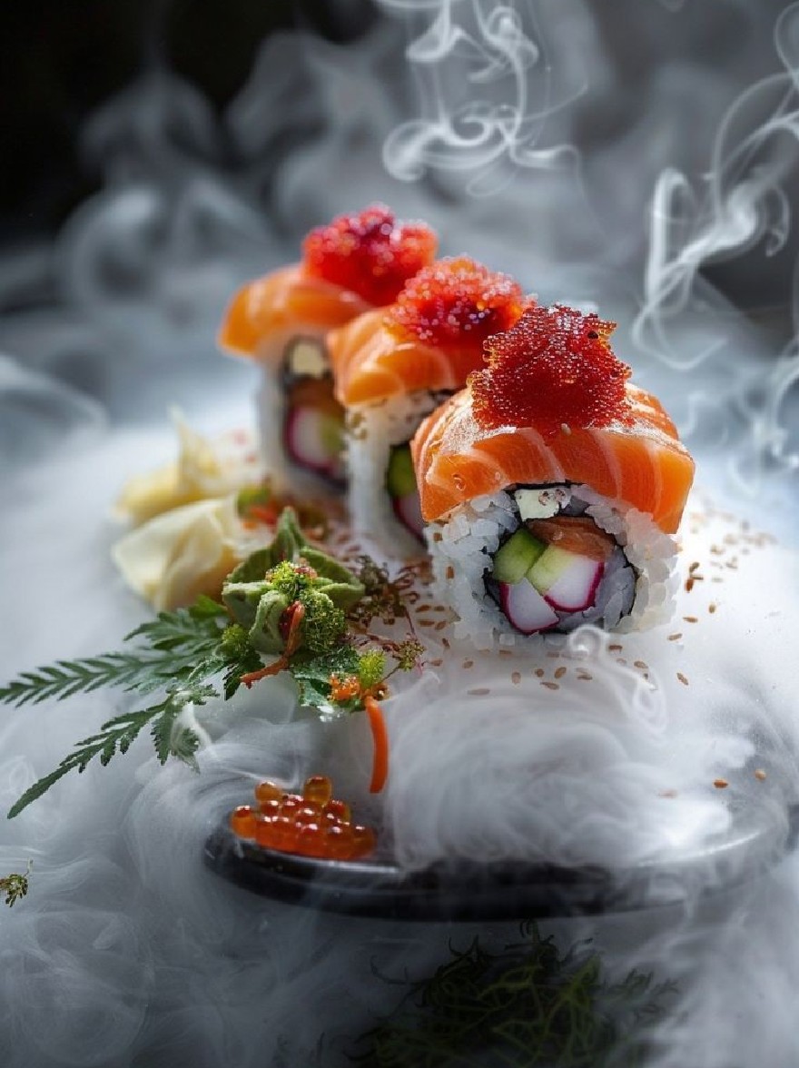 Русский промпт: Фотография суши с лососем, огурцом, редькой и икры на тарелке, окруженной ложе из белого дыма. Суши -рулоны расположены в аккуратном ряду, с различными цветами, включая оранжевый, белый и зеленый. Тарелка черная, а фон размыт, создавая мечтательную, эфирную атмосферу. Фокус избирательно помещается на рулоны суши, что делает их центром изображения. Дым добавляет ощущение движения и глубины композиции. Общая эстетика элегантная и сложная. | Original prompt: A photograph of sushi rolls with salmon, cucumber, radish, and caviar on a plate, surrounded by a bed of white smoke. The sushi rolls are arranged in a neat row, with a variety of colors including orange, white, and green. The plate is black, and the background is blurred, creating a dreamy, ethereal atmosphere. The focus is selectively placed on the sushi rolls, making them the focal point of the image. The smoke adds a sense of movement and depth to the composition. The overall aesthetic is elegant and sophisticated.