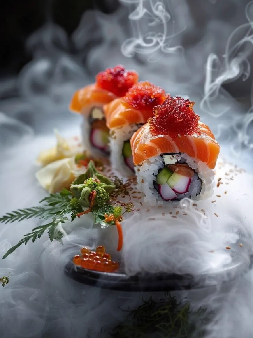 Русский промпт: Фотография суши с лососем, огурцом, редькой и икры на тарелке, окруженной ложе из белого дыма. Суши -рулоны расположены в аккуратном ряду, с различными цветами, включая оранжевый, белый и зеленый. Тарелка черная, а фон размыт, создавая мечтательную, эфирную атмосферу. Фокус избирательно помещается на рулоны суши, что делает их центром изображения. Дым добавляет ощущение движения и глубины композиции. Общая эстетика элегантная и сложная. | Original prompt: A photograph of sushi rolls with salmon, cucumber, radish, and caviar on a plate, surrounded by a bed of white smoke. The sushi rolls are arranged in a neat row, with a variety of colors including orange, white, and green. The plate is black, and the background is blurred, creating a dreamy, ethereal atmosphere. The focus is selectively placed on the sushi rolls, making them the focal point of the image. The smoke adds a sense of movement and depth to the composition. The overall aesthetic is elegant and sophisticated.