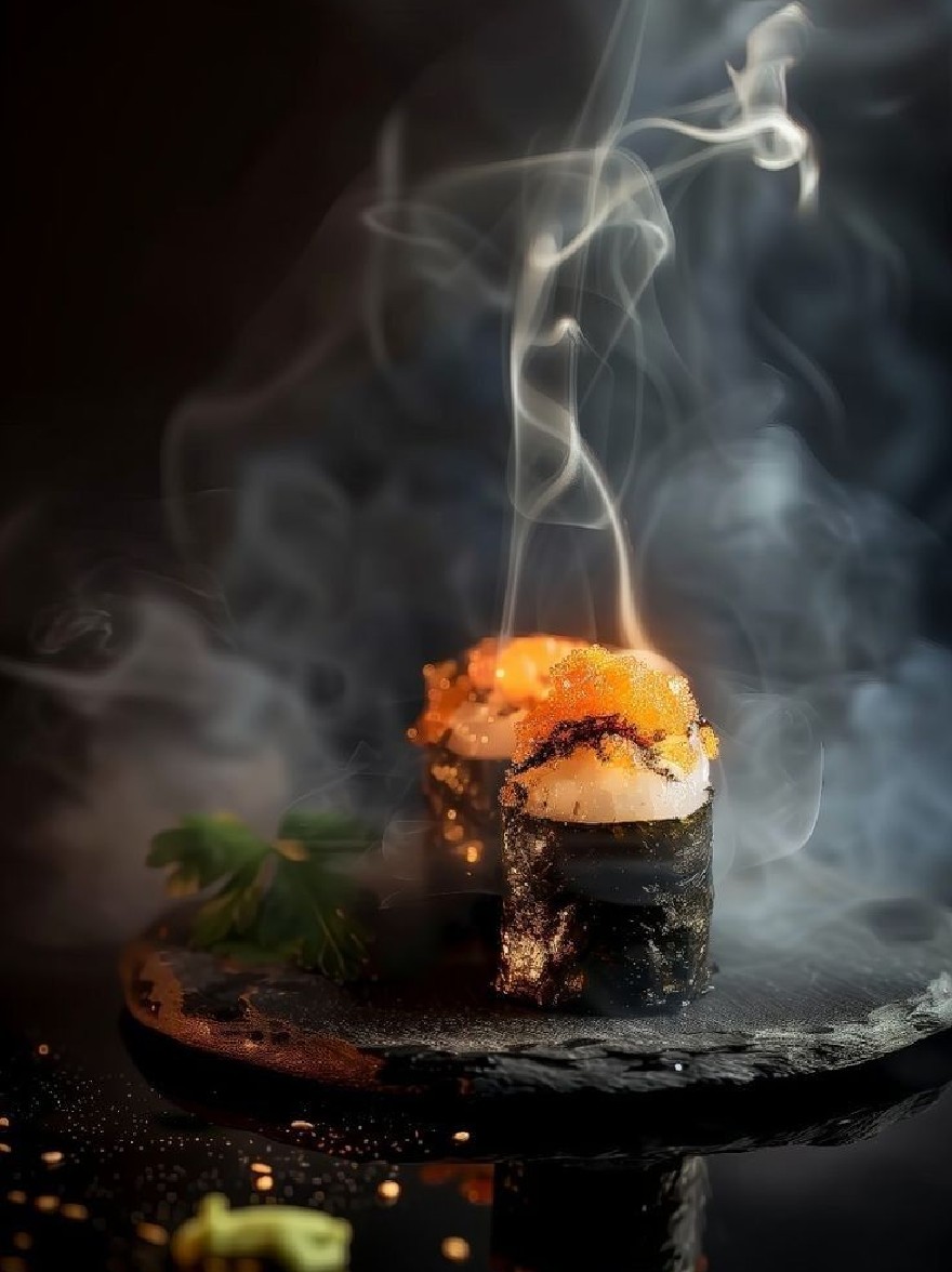 Русский промпт: Фотография суши на черной тарелке с дымной, эфирной атмосферой. Суши -рулет изготовлен из черных морских водорослей и увенчан апельсиновой икра. Тарелка помещается на темную, отражающую поверхность. Фон размыт, создавая ощущение глубины и сосредоточиться на суши -рулоне. Освещение мягкое и теплое, подчеркивая текстуру морских водорослей. Общее настроение темное и загадочное. | Original prompt: A photograph of a sushi roll on a black plate, with a smoky, ethereal atmosphere. The sushi roll is made with black seaweed and topped with orange caviar. The plate is placed on a dark, reflective surface. The background is blurred, creating a sense of depth and focus on the sushi roll. The lighting is soft and warm, highlighting the texture of the seaweed. The overall mood is dark and mysterious.