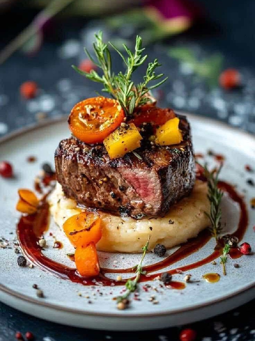 Русский промпт: Крупным планом фотография на гриле стейк из говядины, подаваемой на ложе из картофеля с пюре с жареными овощами и моросящей соусом. Стейк приготовлен до совершенства, с золотисто-коричневой корочкой и сочным центром. Овощи включают нарезанные кубиками помидоры, перец и лук, а картофельное пюре из сливочного и гладкого. Тарелка установлена на темной текстурированной поверхности с деревенским, размытым фоном. Освещение мягкое и естественное, подчеркивая нежность стейка и яркие цвета овощей. Общая презентация элегантная и сложная, что делает ее идеальной едой для любого случая. | Original prompt: A close-up photograph of a grilled beef steak served on a bed of mashed potatoes topped with roasted vegetables and a drizzle of sauce. The steak is cooked to perfection, with a golden-brown crust and juicy center. The vegetables include diced tomatoes, peppers, and onions, and the mashed potatoes are creamy and smooth. The plate is set on a dark, textured surface with a rustic, blurred background. The lighting is soft and natural, highlighting the tenderness of the steak and the vibrant colors of the vegetables. The overall presentation is elegant and sophisticated, making it a perfect meal for any occasion.