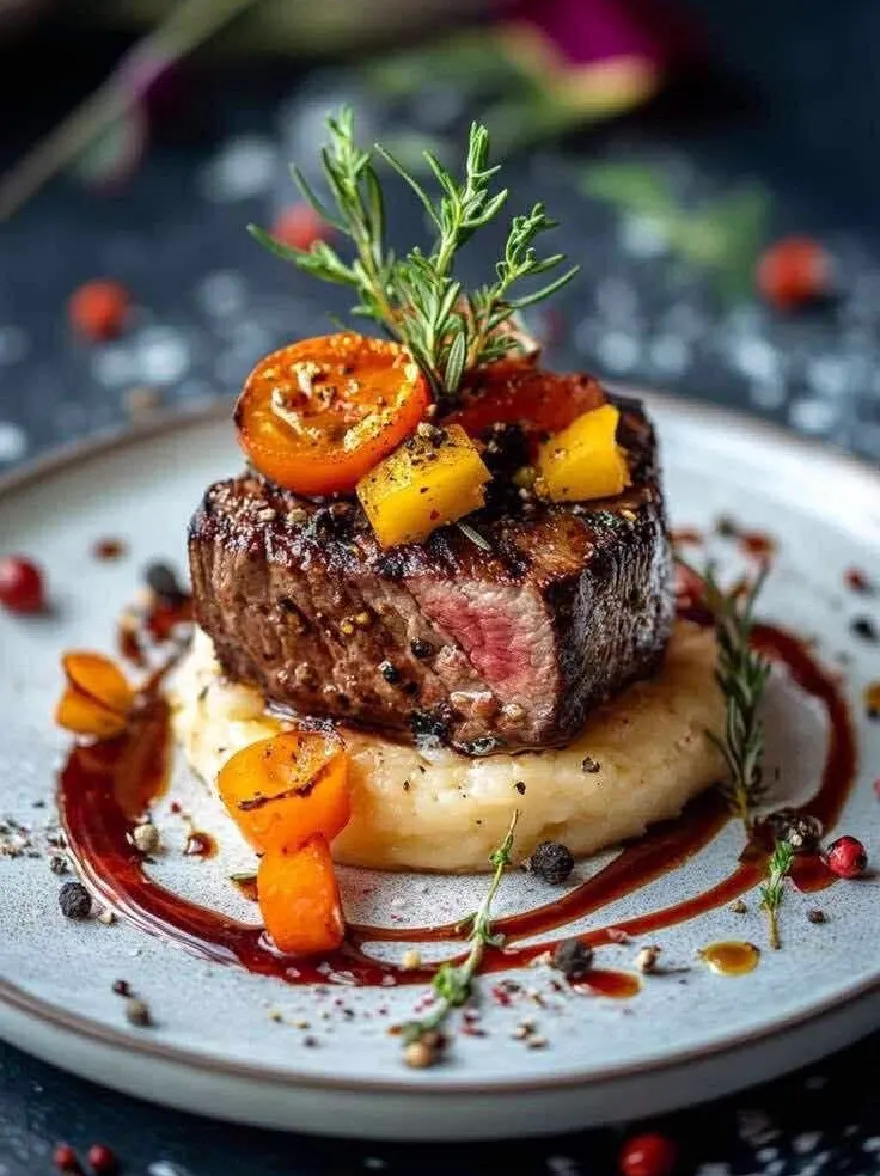 Русский промпт: Крупным планом фотография на гриле стейк из говядины, подаваемой на ложе из картофеля с пюре с жареными овощами и моросящей соусом. Стейк приготовлен до совершенства, с золотисто-коричневой корочкой и сочным центром. Овощи включают нарезанные кубиками помидоры, перец и лук, а картофельное пюре из сливочного и гладкого. Тарелка установлена на темной текстурированной поверхности с деревенским, размытым фоном. Освещение мягкое и естественное, подчеркивая нежность стейка и яркие цвета овощей. Общая презентация элегантная и сложная, что делает ее идеальной едой для любого случая. | Original prompt: A close-up photograph of a grilled beef steak served on a bed of mashed potatoes topped with roasted vegetables and a drizzle of sauce. The steak is cooked to perfection, with a golden-brown crust and juicy center. The vegetables include diced tomatoes, peppers, and onions, and the mashed potatoes are creamy and smooth. The plate is set on a dark, textured surface with a rustic, blurred background. The lighting is soft and natural, highlighting the tenderness of the steak and the vibrant colors of the vegetables. The overall presentation is elegant and sophisticated, making it a perfect meal for any occasion.
