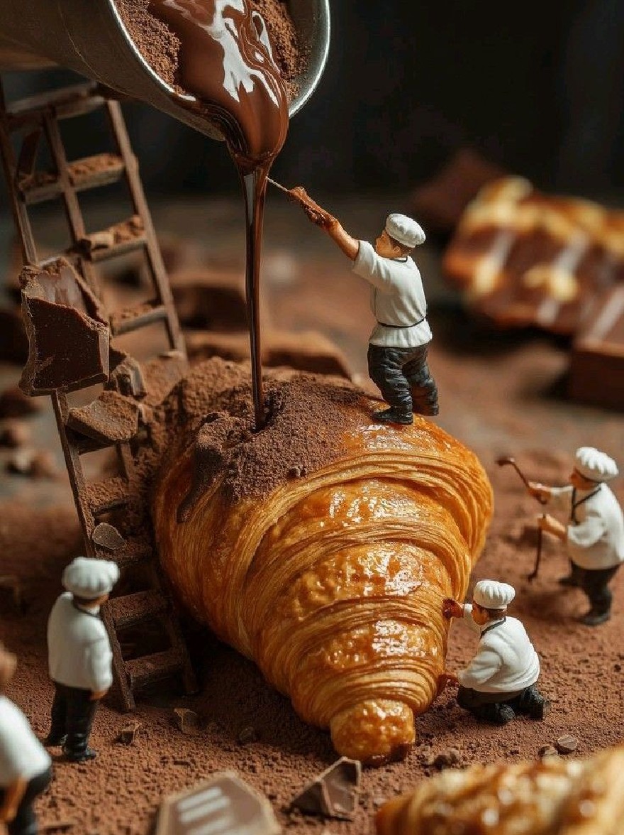 Русский промпт: Фотография миниатюрных поваров, работающих на большом свежеиспеченном круассане, наливая на него шоколад из большого металлического контейнера. Повара носят белую форму и белые шляпы, и осторожно помещают шоколад на тесто. Фон размыт, но, похоже, это пекарня с лестницей, прислоненной к тесто и шоколадным трюфелям, разбросанными вокруг. Освещение мягкое и теплое, создавая уютную атмосферу. Основное внимание избирается на поварах и тесте, что делает сцену еще более аппетитной. | Original prompt: Photograph of miniature chefs working on a large, freshly baked croissant, pouring chocolate from a large metal container onto it. The chefs are wearing white uniforms and white hats, and are carefully placing the chocolate onto the pastry. The background is blurred, but it appears to be a bakery setting with a ladder leaning against the pastry and chocolate truffles scattered around. The lighting is soft and warm, creating a cozy atmosphere. The focus is selectively placed on the chefs and the pastry, making the scene look even more appetizing.