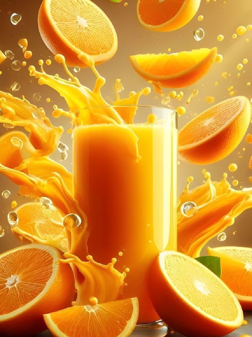 Русский промпт: Фотография стакана с апельсиновым соком с брызгами и ломтиками апельсинов вокруг него, создавая динамичную и яркую сцену. Стекло находится в центре изображения, окруженного несколькими ломтиками апельсина, некоторые из которых плавают в воздухе. Фон - теплый, золотой оттенок, с тонким градиентным эффектом. Апельсины яркие и сочные, а сок - яркий, яркий апельсин. Текстура стекла гладкая и блестящая. Общий эффект - это свежесть и свежесть. | Original prompt: Photo of a glass of orange juice with splashes and slices of oranges around it, creating a dynamic and vibrant scene. The glass is in the center of the image, surrounded by several slices of orange, some of which are floating in the air. The background is a warm, golden hue, with a subtle gradient effect. The oranges are bright and juicy, and the juice is a bright, vibrant orange. The texture of the glass is smooth and shiny. The overall effect is one of freshness and freshness.
