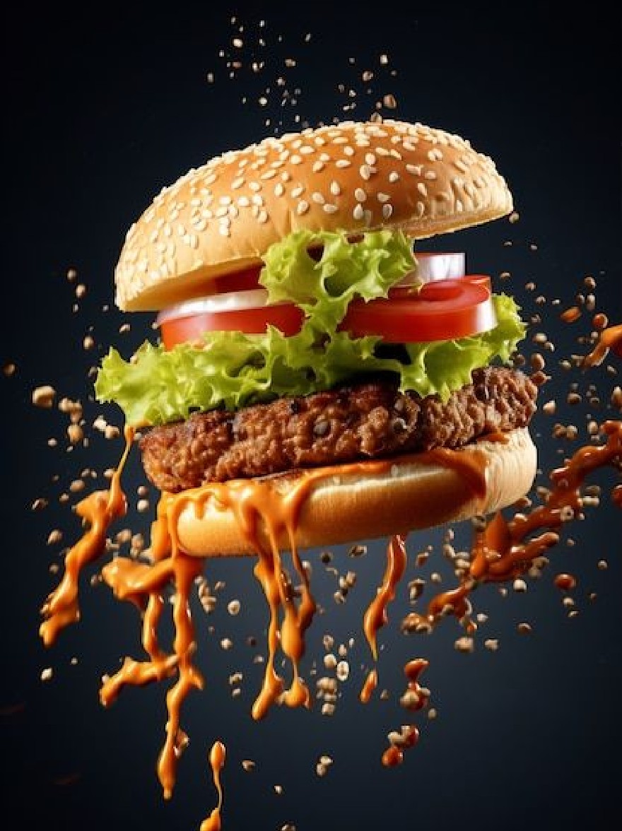 Русский промпт: Бургер быстрого питания с булочкой для семян кунжута, увенчанный салатом, помидорами и луком, и сбрызнутый апельсиновым соусом. Бургер находится в воздухе, с кунжутными семенами летят вокруг него, создавая динамичную и захватывающую сцену. Фон - твердый черный, обеспечивающий резкий контраст с яркими цветами бургера. Изображение имеет высококачественный, реалистичный стиль с акцентом на фотографию быстрого питания. | Original prompt: A fast food burger with a sesame seed bun, topped with lettuce, tomato, and onion, and drizzled with orange sauce. The burger is in mid-air, with the sesame seeds flying around it, creating a dynamic and exciting scene. The background is a solid black, providing a stark contrast to the vibrant colors of the burger. The image has a high-quality, realistic style with a focus on fast food photography.