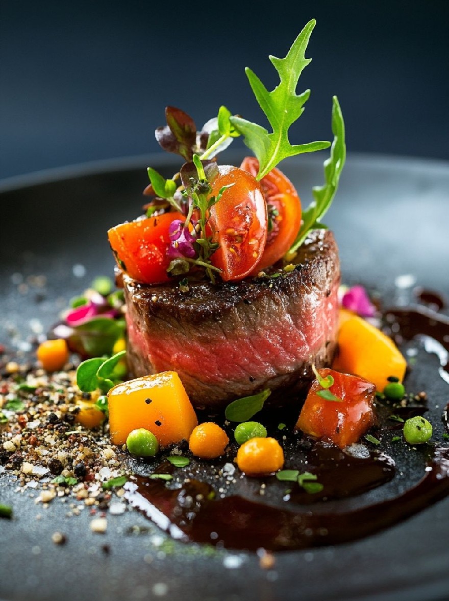 Русский промпт: Фотография вкусного блюда из стейка, подаваемой на черной тарелке. Стейк приготовлен до совершенства, с золотисто -коричневой корочкой и сочным центром. На вершине стейка есть щедрая помощь свежих ломтиков томатов и ложе из листьев рукколы. Помидоры ярко -красные и сочные, а овощи маленькие и красочные. Тарелка украшена моросящимся темным соусом и посыпана перцем. Фон темный и размытый, подчеркивая акцент на еде. Общая эстетика является сложной и аппетитной. | Original prompt: A photograph of a delicious steak dish served on a black plate. The steak is cooked to perfection, with a golden brown crust and a juicy center. On top of the steak, there is a generous helping of fresh tomato slices and a bed of arugula leaves. The tomatoes are bright red and juicy, and the vegetables are small and colorful. The plate is garnished with a drizzle of dark sauce and sprinkled with peppercorns. The background is dark and blurred, emphasizing the focus on the food. The overall aesthetic is sophisticated and appetizing.