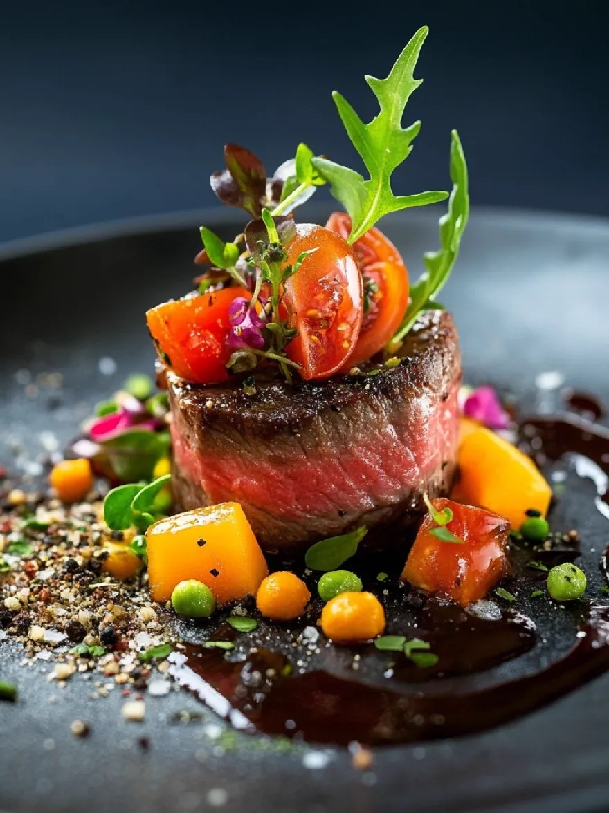 Русский промпт: Фотография вкусного блюда из стейка, подаваемой на черной тарелке. Стейк приготовлен до совершенства, с золотисто -коричневой корочкой и сочным центром. На вершине стейка есть щедрая помощь свежих ломтиков томатов и ложе из листьев рукколы. Помидоры ярко -красные и сочные, а овощи маленькие и красочные. Тарелка украшена моросящимся темным соусом и посыпана перцем. Фон темный и размытый, подчеркивая акцент на еде. Общая эстетика является сложной и аппетитной. | Original prompt: A photograph of a delicious steak dish served on a black plate. The steak is cooked to perfection, with a golden brown crust and a juicy center. On top of the steak, there is a generous helping of fresh tomato slices and a bed of arugula leaves. The tomatoes are bright red and juicy, and the vegetables are small and colorful. The plate is garnished with a drizzle of dark sauce and sprinkled with peppercorns. The background is dark and blurred, emphasizing the focus on the food. The overall aesthetic is sophisticated and appetizing.