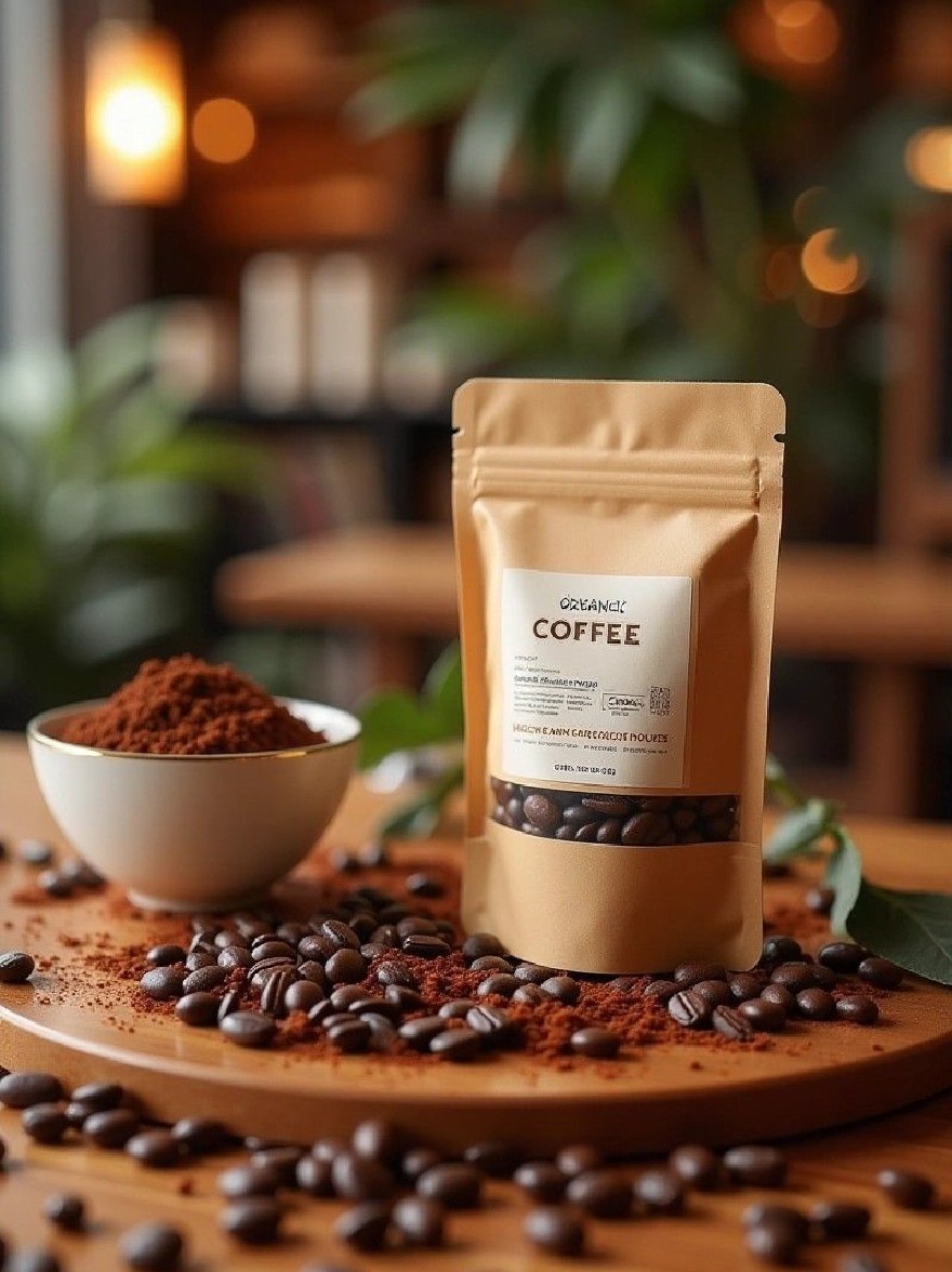 Русский промпт: Фотография деревянного стола с белой миской, наполненной молотым кофе и пакетом кофейных зерен. У пакета есть этикетка со словами «органический кофе», написанный жирным черным шрифтом. Фон размыт, но, кажется, это уютная, деревенская обстановка с зеленью и теплым освещением. Кофейные зерна разбросаны вокруг стола, а рядом с пакетом есть куча молотого кофе. Общее настроение теплое и привлекательное, с уютной атмосферой. | Original prompt: A photograph of a wooden table with a white bowl filled with ground coffee and a packet of coffee beans on it. The packet has a label with the words "Organic Coffee" written in bold black font. The background is blurred, but it appears to be a cozy, rustic setting with greenery and warm lighting. The coffee beans are scattered around the table, and there is a pile of ground coffee next to the packet. The overall mood is warm and inviting, with a cozy atmosphere.