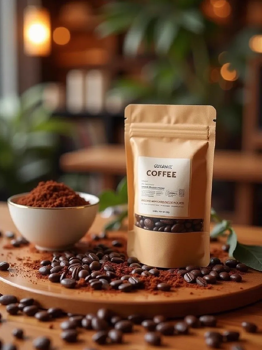 Русский промпт: Фотография деревянного стола с белой миской, наполненной молотым кофе и пакетом кофейных зерен. У пакета есть этикетка со словами «органический кофе», написанный жирным черным шрифтом. Фон размыт, но, кажется, это уютная, деревенская обстановка с зеленью и теплым освещением. Кофейные зерна разбросаны вокруг стола, а рядом с пакетом есть куча молотого кофе. Общее настроение теплое и привлекательное, с уютной атмосферой. | Original prompt: A photograph of a wooden table with a white bowl filled with ground coffee and a packet of coffee beans on it. The packet has a label with the words "Organic Coffee" written in bold black font. The background is blurred, but it appears to be a cozy, rustic setting with greenery and warm lighting. The coffee beans are scattered around the table, and there is a pile of ground coffee next to the packet. The overall mood is warm and inviting, with a cozy atmosphere.