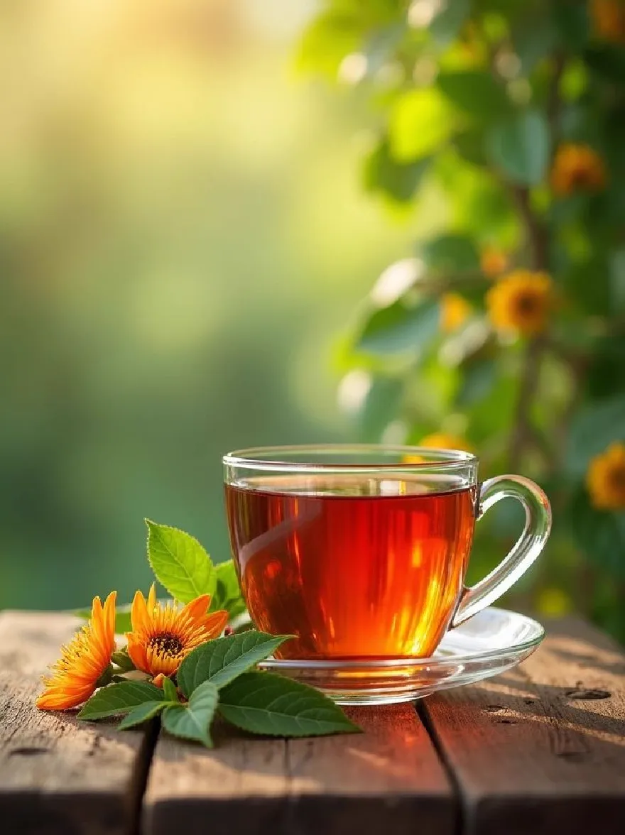 Русский промпт: Фотография стеклянной чашки чая с блюдцом и одним оранжевым цветом на деревянном столе. Чашка заполнена золотисто-коричневой жидкостью, вероятно, чаем, а блюдца белая. Стол изготовлен из дерева и имеет деревенский, выветрившийся вид. Фон размыт, с мягкой, естественной обстановкой с подсолнухами и зелени. Общее настроение мирное и безмятежное. Изображение имеет теплое, привлекательное чувство с акцентом на чай и цветы. | Original prompt: A photograph of a glass cup of tea with a saucer and a single orange flower on a wooden table. The cup is filled with a golden-brown liquid, likely tea, and the saucer is white. The table is made of wood and has a rustic, weathered look. The background is blurred, with a soft, natural setting featuring sunflowers and greenery. The overall mood is peaceful and serene. The image has a warm, inviting feel with a focus on the tea and the flowers.