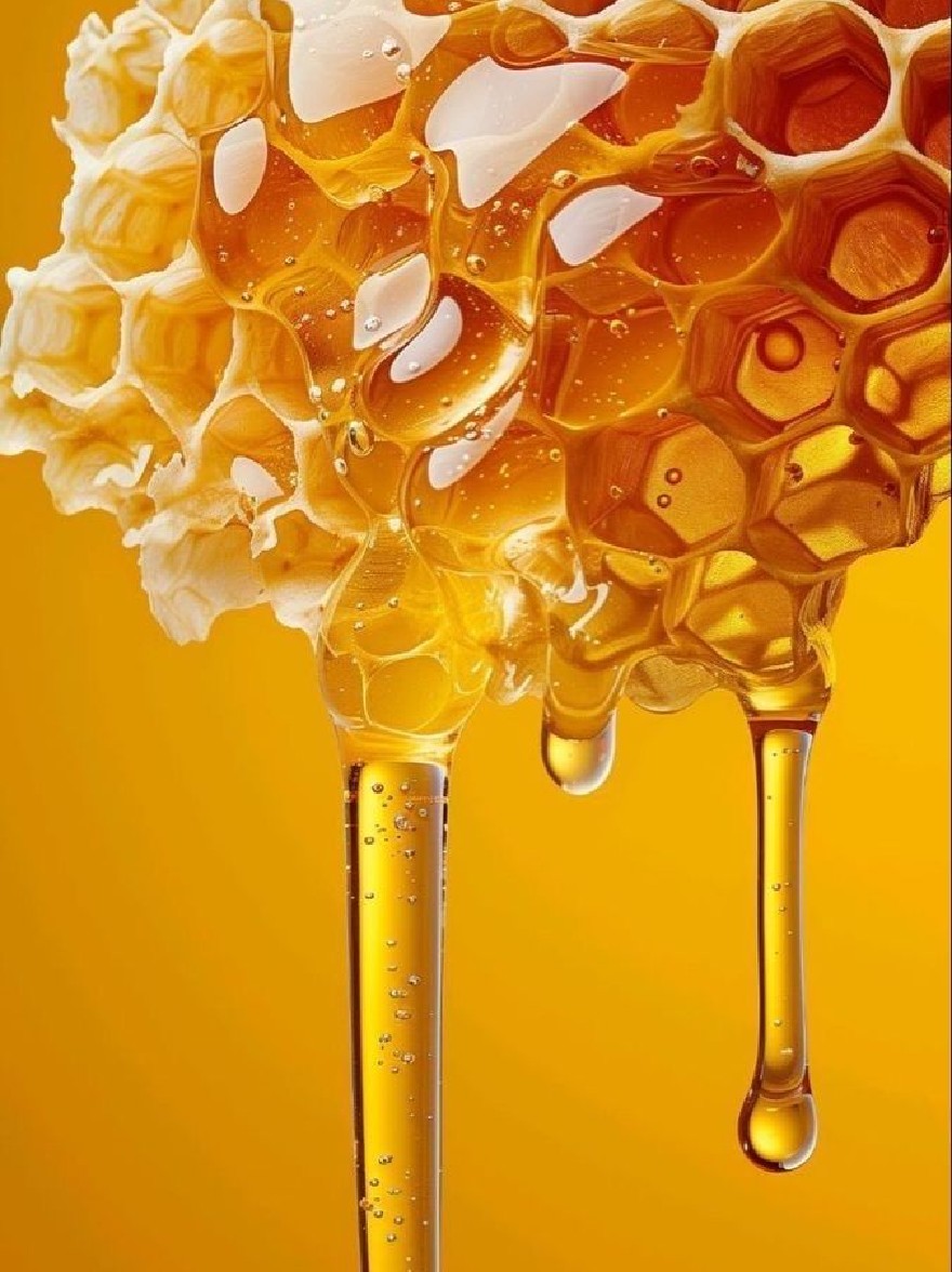 Русский промпт: Крупный план соты с медом, капающим с него на ярко-желтый фон. Сосы состоит из гексагональных клеток, каждая заполненная золотисто-оранжевой жидкостью. Жидкость блестят с каплями воды, создавая завораживающий эффект. Текстура соты и жидкости создает ощущение глубины и измерения. Общий эффект - это свежесть и сладость. | Original prompt: A close-up of a honeycomb with honey dripping from it onto a bright yellow background. The honeycomb is composed of hexagonal cells, each filled with a golden-orange liquid. The liquid is glistening with water droplets, creating a mesmerizing effect. The texture of the honeycomb and the liquid create a sense of depth and dimension. The overall effect is one of freshness and sweetness.