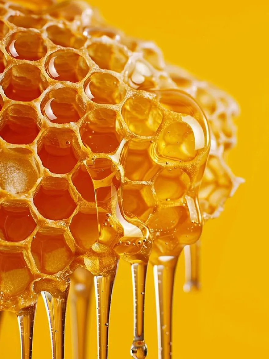 Русский промпт: Крупный план соты с медом, капающим с него на ярко-желтый фон. Соты состоит из гексагональных клеток, каждая из которых заполнена золотисто-оранжевой жидкостью. Жидкость блестят и капает из ячеек, создавая глянцевую текстуру. Фон представляет собой твердый ярко -желтый цвет, обеспечивающий яркий контраст с соты. Изображение высококачественное и имеет гладкую, глянцевую отделку. | Original prompt: A close-up of a honeycomb with honey dripping from it onto a bright yellow background. The honeycomb is made up of hexagonal cells, each filled with a golden-orange liquid. The liquid is glistening and dripping down from the cells, creating a glossy texture. The background is a solid, bright yellow color, providing a vivid contrast to the honeycomb. The image is high quality and has a smooth, glossy finish.
