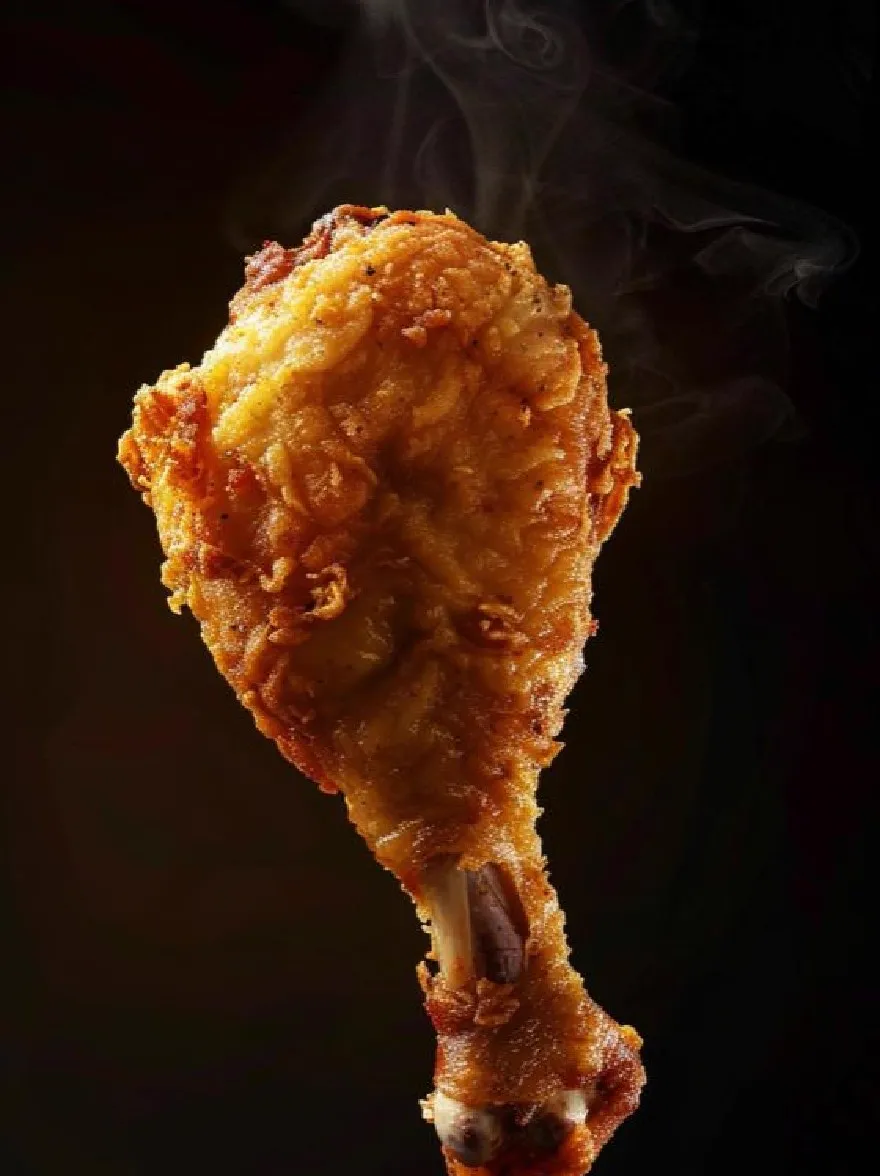 Русский промпт: Фотография жареной куриной барабанной палочки с золотисто-коричневой, хрустящей текстурой и моросящей соусом на вершине. Барабанная палочка подвешен в воздухе, при этом пара поднимается из него, создавая туманную, дымную атмосферу. Фон-твердый черный, обеспечивающий резкий контраст с золотисто-желтым цветом жареной курицы. Фотография имеет высококачественный, профессиональный вид с акцентом на текстуру и вкус курицы. | Original prompt: A photograph of a fried chicken drumstick, with a golden-brown, crispy texture and a drizzle of sauce on top. The drumstick is suspended in mid-air, with steam rising from it, creating a hazy, smoky atmosphere. The background is a solid black, providing a stark contrast to the golden-yellow color of the fried chicken. The photo has a high-quality, professional look with a focus on the texture and flavor of the chicken.