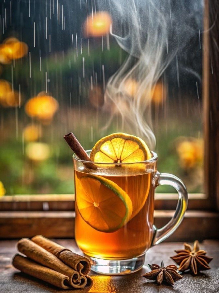Русский промпт: Фотография стеклянной кружки, наполненной теплой, золотисто-коричневой жидкостью, вероятно, глинтвейн, украшенное апельсиновым кусочком и корицей. Кружка помещается на деревянный стол перед окном, с дождевыми капли, видимыми в воздухе. Фон размыт, но, похоже, это открытая обстановка с зелени и огнями боке. Атмосфера уютная и привлекательная, с паром, поднимающимся от кружки и звезд аниса, разбросанных по столу. Настроение тепло и привлекательно. | Original prompt: A photograph of a glass mug filled with a warm, golden-brown liquid, likely mulled wine, garnished with an orange slice and a cinnamon stick. The mug is placed on a wooden table in front of a window, with raindrops visible in the air. The background is blurred, but it appears to be an outdoor setting with greenery and bokeh lights. The atmosphere is cozy and inviting, with steam rising from the mug and anise stars scattered around the table. The mood is warm and inviting.