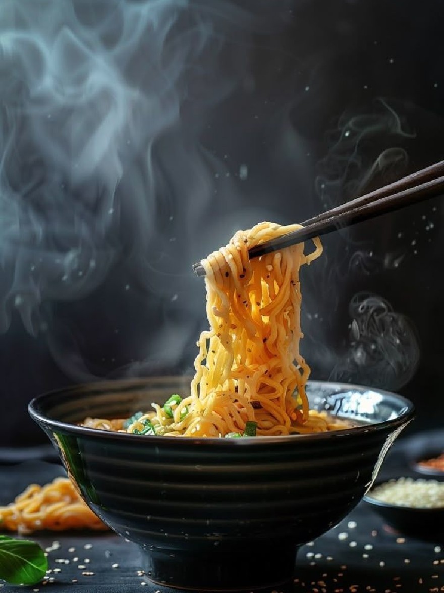 Русский промпт: Фотография чаши с мгновенной лапшой, поднятой парой черных палочек для еды, с паром, поднимающимся из лапши. Лапша желтая по цвету и, кажется, свежеприготовлена. Чаша черная и имеет глянцевую отделку. Фон темный и размытый, с оттенком дыма или паром поднимается. На боковой стороне чаши есть некоторые семена кунжута, разбросанные вокруг. Освещение мягкое и теплое, создавая уютную атмосферу. Общее настроение привлекательно и аппетитно. | Original prompt: A photograph of a bowl of instant noodles being lifted by a pair of black chopsticks, with steam rising from the noodles. The noodles are yellow in color and appear to be freshly cooked. The bowl is black and has a glossy finish. The background is dark and blurred, with a hint of smoke or steam rising. On the side of the bowl, there are some sesame seeds scattered around. The lighting is soft and warm, creating a cozy atmosphere. The overall mood is inviting and appetizing.