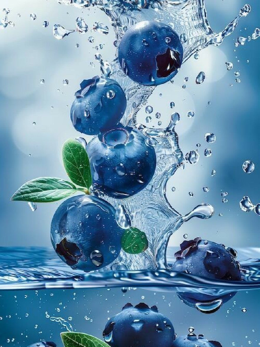 Русский промпт: Фотография черники, падающей в воду с брызгами и пузырьками, создавая динамичную и яркую сцену. Черника сгруппирована вместе в центре изображения, причем некоторые из них частично погружены в воду. Фон представляет собой градиент синего и белого, с мягким, размытым эффектом. Фокус избирательно помещается на чернику, что делает их центром композиции. Капли воды на ягодах и всплески создают ощущение движения и энергии, что делает изображение похожим на высококачественную редактированную фотографию. Общий эффект - это свежесть и свежесть. | Original prompt: Photo of blueberries falling into the water with splashes and bubbles, creating a dynamic and vibrant scene. The blueberries are clustered together in the center of the image, with some of them partially submerged in the water. The background is a gradient of blue and white, with a soft, blurred effect. The focus is selectively placed on the blueberries, making them the focal point of the composition. The water droplets on the berries and the splashes create a sense of movement and energy, making the image look like a high-quality, edited photo. The overall effect is one of freshness and freshness.