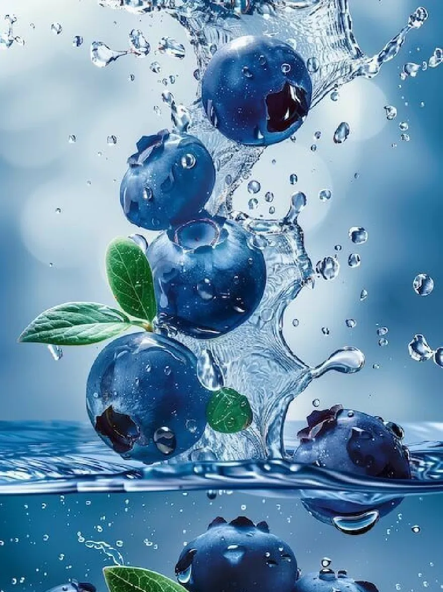 Русский промпт: Фотография черники, падающей в воду с брызгами и пузырьками, создавая динамичную и яркую сцену. Черника сгруппирована вместе в центре изображения, причем некоторые из них частично погружены в воду. Фон представляет собой градиент синего и белого, с мягким, размытым эффектом. Фокус избирательно помещается на чернику, что делает их центром композиции. Капли воды на ягодах и всплески создают ощущение движения и энергии, что делает изображение похожим на высококачественную редактированную фотографию. Общий эффект - это свежесть и свежесть. | Original prompt: Photo of blueberries falling into the water with splashes and bubbles, creating a dynamic and vibrant scene. The blueberries are clustered together in the center of the image, with some of them partially submerged in the water. The background is a gradient of blue and white, with a soft, blurred effect. The focus is selectively placed on the blueberries, making them the focal point of the composition. The water droplets on the berries and the splashes create a sense of movement and energy, making the image look like a high-quality, edited photo. The overall effect is one of freshness and freshness.