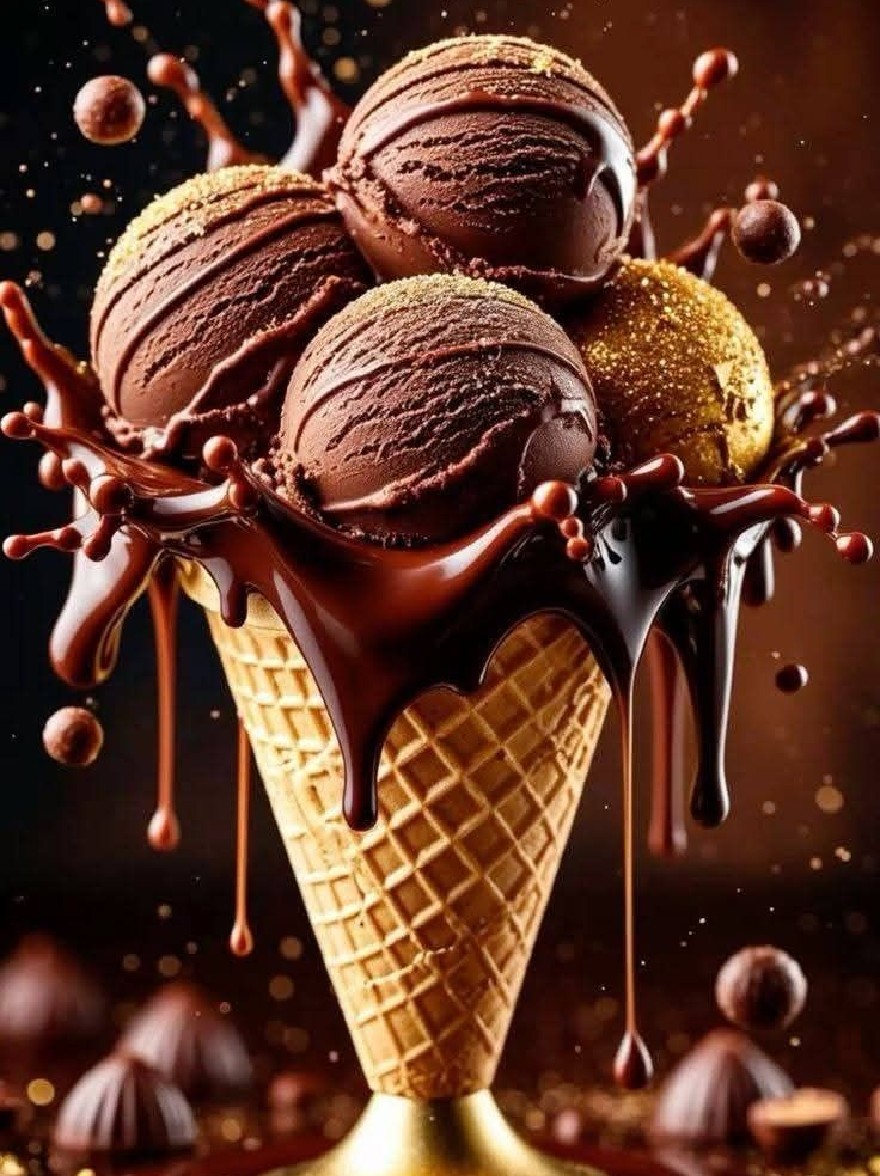 Русский промпт: Фото трех шаров шоколадного мороженого в золотисто -вафельном конусе, сбрызнутый шоколадным соусом и брызгая на поверхность. Сократы для мороженого расположены в треугольной формировании, с самым большим количеством в центре и двумя меньшими совками с обеих сторон. Фон - темное, звездное ночное небо с теплым, золотым оттенком. Текстура мороженого является гладкой и глянцевой, а шоколадный соус капает по бокам шишки. Общее настроение декадентское и снисходительное, с акцентом на вкусные угощения. | Original prompt: Photo of three scoops of chocolate ice cream in a golden waffle cone, drizzled with chocolate sauce and splashing onto the surface. The ice cream scoops are arranged in a triangular formation, with the largest scoop in the center and the two smaller scoops on either side. The background is a dark, starry night sky with a warm, golden hue. The texture of the ice cream is smooth and glossy, and the chocolate sauce is dripping down the sides of the cones. The overall mood is decadent and indulgent, with a focus on the delicious treats.