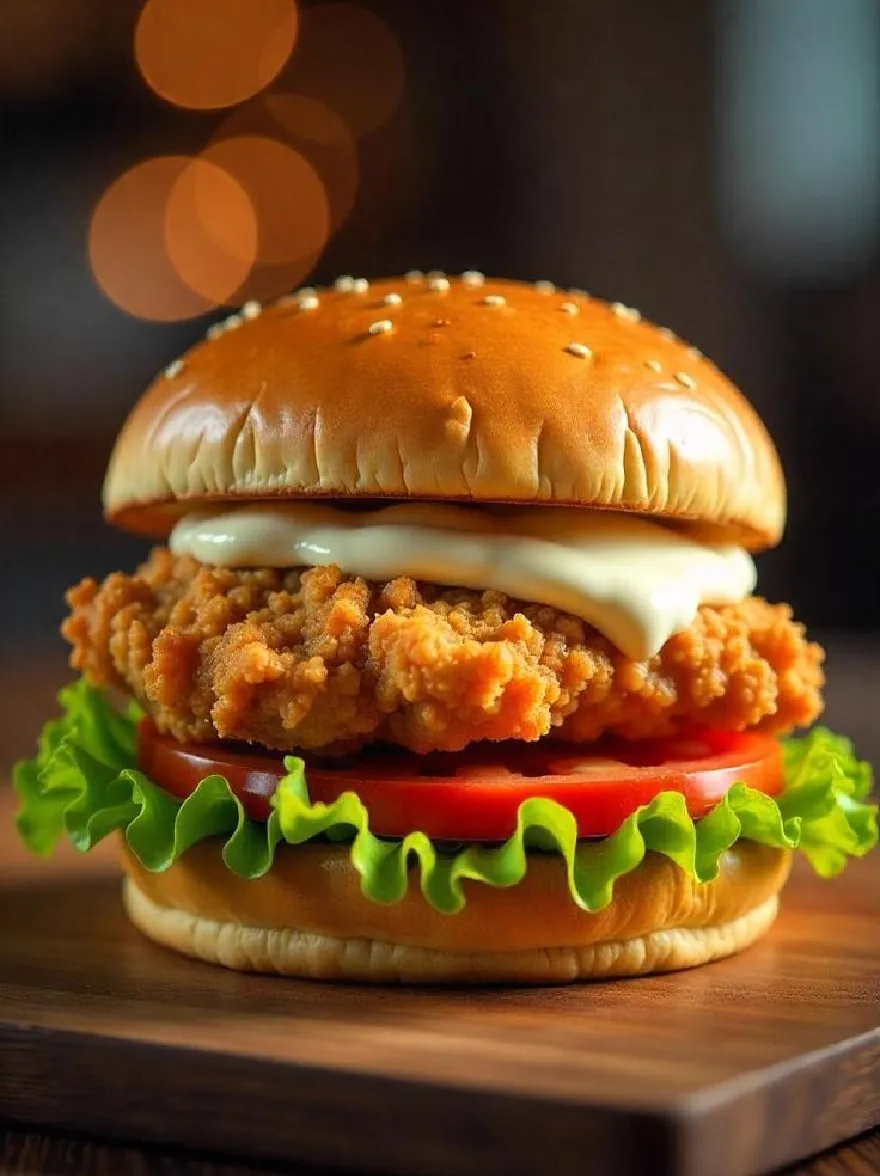 Русский промпт: Крупный план жареного куриного сэндвича на деревянной режущей доске. Сэндвич состоит из кунжутной булочки, увенчанного щедрой помощью расплавленного сыра, салата и кусочка помидоров. Фон размыт с огнями боке, давая теплую и привлекательную атмосферу. Фокус избирательно помещается на бутерброд, что делает его центром изображения. Текстура жареной курицы хрустящая и золотисто -коричневая, а сыр растоплен и сочится с боков. Помидовый ломтик ярко -красный, добавляя в сэндвич тройку цвета. Режущая доска обеспечивает прочную поверхность для отдыха сэндвича. | Original prompt: A close-up of a fried chicken sandwich on a wooden cutting board. The sandwich consists of a sesame seed bun, topped with a generous helping of melted cheese, lettuce, and a slice of tomato. The background is blurred with bokeh lights, giving a warm and inviting atmosphere. The focus is selectively placed on the sandwich, making it the focal point of the image. The texture of the fried chicken is crispy and golden brown, and the cheese is melted and oozing out of the sides. The tomato slice is bright red, adding a pop of color to the sandwich. The cutting board provides a sturdy surface for the sandwich to rest on.