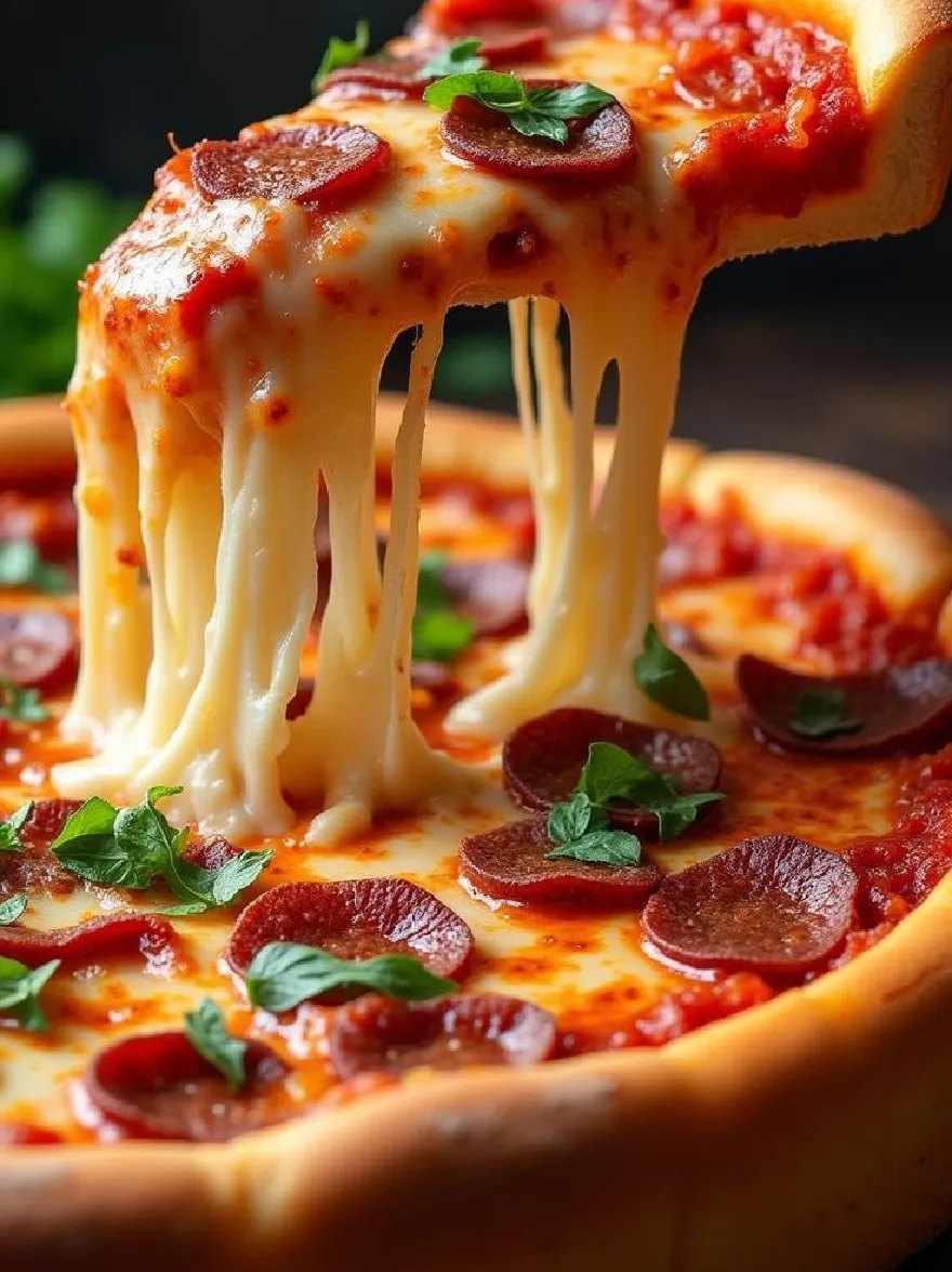 Русский промпт: Крупным планом кусочка пиццы пепперони, поднятый рукой. В пицце из нее сочится растопленный сыр, а свежие листья базилика разбросаны сверху. Фон размыт, но это кажется деревянным столом. Фокус избирательно помещается на пиццу, что делает ее центром изображения. | Original prompt: A close-up of a slice of pepperoni pizza being lifted by a hand. The pizza has melted cheese oozing out of it, and fresh basil leaves are scattered on top. The background is blurred, but it appears to be a wooden table. The focus is selectively placed on the pizza, making it the focal point of the image.