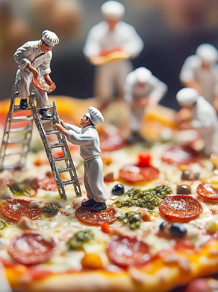 Русский промпт: Фотография миниатюрных поваров, готовящих пиццу, с лестницей, ведущей к вершине. Повара носят белую форму и белые шляпы, и один из них держит кусок пиццы. Пицца покрыта пепперони, оливками и соусом песто. Фон размыт, но, похоже, это кухонная обстановка с другими поварами на заднем плане. Основное внимание уделяется поварам и пицце. | Original prompt: Photograph of miniature chefs preparing a pizza, with a ladder leading up to the top. The chefs are wearing white uniforms and white hats, and one of them is holding a slice of pizza. The pizza is topped with pepperoni, olives, and pesto sauce. The background is blurred, but it appears to be a kitchen setting with other chefs in the background. The focus is on the chefs and the pizza.