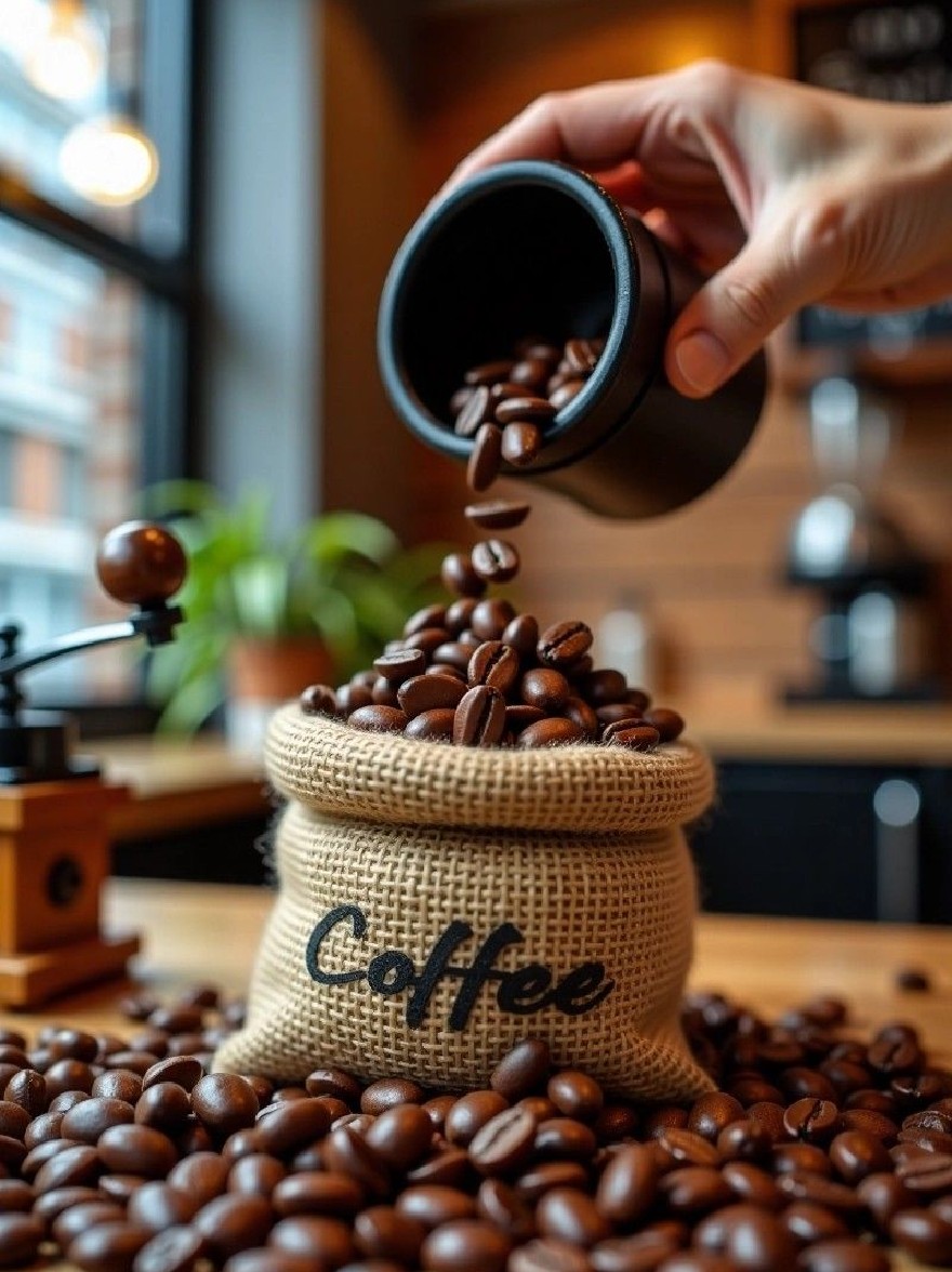 Русский промпт: Крупным планом рукой человека выливает кофейные зерна из маленькой металлической чашки в мешковую мешок со словом «кофе». Мешок расположен на деревянном столе в кафе с размытым фоном с кофемашиной и горшечным растением. Фокус избирательно расположен на бобах, а кофейные зерна выливаются из мешка. Изображение имеет теплую, уютную атмосферу с естественным освещением. | Original prompt: A close-up of a person's hand pouring coffee beans from a small metal cup into a burlap sack with the word "Coffee" written on it. The sack is placed on a wooden table in a coffee shop, with a blurred background featuring a coffee machine and a potted plant. The focus is selectively placed on the beans, with the coffee beans spilling out of the sack. The image has a warm, cozy atmosphere with natural lighting.
