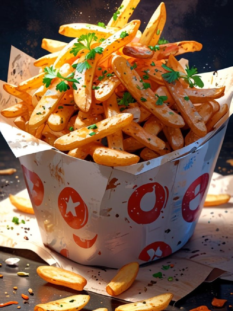Русский промпт: Крупный план бумажного контейнера, наполненного золотисто-коричневым картофелем фри, посыпанный нарезанной петрушкой. Контейнер имеет игривый, мультяшный дизайн с красными и белыми узорами. Картофель фри аккуратно расположена в контейнере, с некоторыми разбросанными на поверхности. Фон темный, с дымной текстурой. Освещение мягкое и теплое, подчеркивая текстуру картофеля фри. Общее настроение привлекательно и аппетитно. | Original prompt: A close-up of a paper container filled with golden-brown french fries, sprinkled with chopped parsley. The container has a playful, cartoonish design with red and white patterns. The fries are arranged neatly in the container, with some scattered on the surface. The background is dark, with a smoky texture. The lighting is soft and warm, highlighting the texture of the fries. The overall mood is inviting and appetizing.