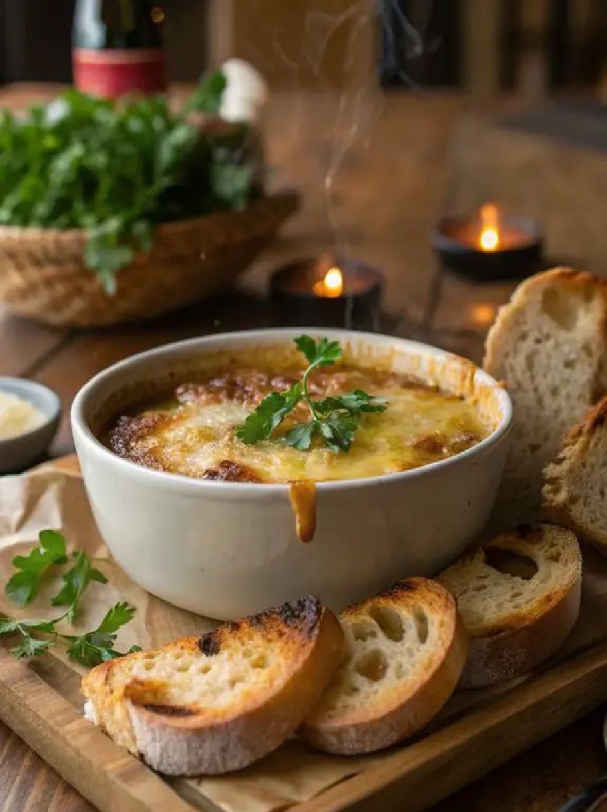Русский промпт: Чаша французского лукового супа с расплавленным сыром и посыпкой петрушки на вершине, сопровождаемая кусочками поджаренного хлеба на деревянной ручной доске. Фон размыт, но, похоже, это внутренняя обстановка с теплой, уютной атмосферой. Фокус избирательно расположен на супе и хлебе, с оттенком пар, поднимаясь из супа. На заднем плане также есть бутылка вина и корзина свежей петрушки. Общая эстетика деревенская и привлекательная. | Original prompt: A bowl of French onion soup with melted cheese and a sprinkle of parsley on top, accompanied by slices of toasted bread on a wooden cutting board. The background is blurred, but it appears to be an indoor setting with a warm, cozy atmosphere. The focus is selectively placed on the soup and bread, with a hint of steam rising from the soup. There is also a bottle of wine in the background, and a basket of fresh parsley. The overall aesthetic is rustic and inviting.