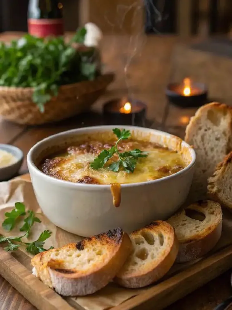 Русский промпт: Чаша французского лукового супа с расплавленным сыром и посыпкой петрушки на вершине, сопровождаемая кусочками поджаренного хлеба на деревянной ручной доске. Фон размыт, но, похоже, это внутренняя обстановка с теплой, уютной атмосферой. Фокус избирательно расположен на супе и хлебе, с оттенком пар, поднимаясь из супа. На заднем плане также есть бутылка вина и корзина свежей петрушки. Общая эстетика деревенская и привлекательная. | Original prompt: A bowl of French onion soup with melted cheese and a sprinkle of parsley on top, accompanied by slices of toasted bread on a wooden cutting board. The background is blurred, but it appears to be an indoor setting with a warm, cozy atmosphere. The focus is selectively placed on the soup and bread, with a hint of steam rising from the soup. There is also a bottle of wine in the background, and a basket of fresh parsley. The overall aesthetic is rustic and inviting.