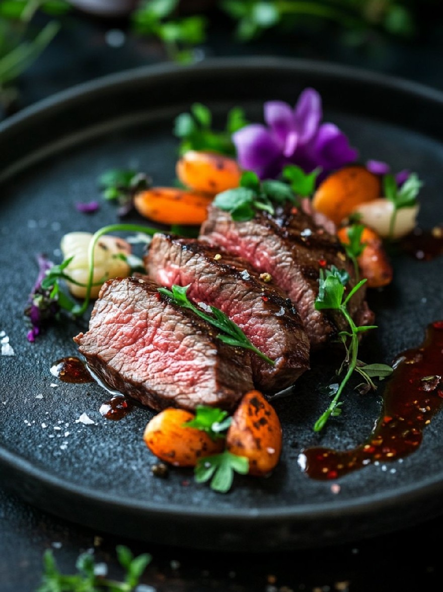 Русский промпт: Крупным планом фотография жареной говяжьей стейка на черной тарелке, украшенной свежими травами и жареной морковью. Стейк приготовлен до совершенства, с золотисто-коричневой корочкой и сочным, нежным центром. Тарелка установлена на темном текстурированном фоне с тонким, деревенским ощущением. Овощи расположены вокруг стейка, включая морковь, картофель и лук, и сбрызнут темным соусом. Освещение мягкое и естественное, подчеркивая текстуры стейка и овощей. Общая эстетика элегантная и сложная. | Original prompt: A close-up photograph of a grilled beef steak on a black plate, garnished with fresh herbs and roasted carrots. The steak is cooked to perfection, with a golden-brown crust and a juicy, tender center. The plate is set against a dark, textured background with a subtle, rustic feel. The vegetables are arranged around the steak, including carrots, potatoes, and onions, and are drizzled with a dark sauce. The lighting is soft and natural, highlighting the textures of the steak and vegetables. The overall aesthetic is elegant and sophisticated.