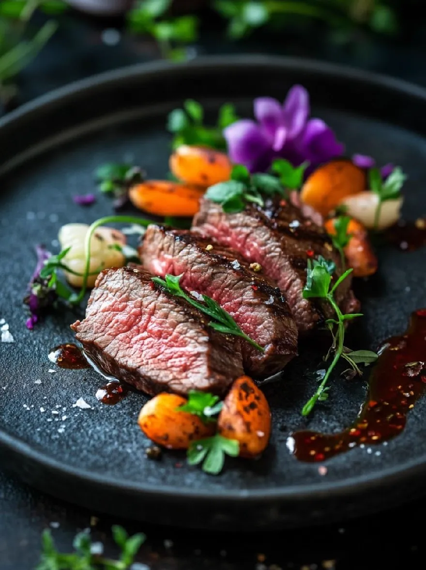 Русский промпт: Крупным планом фотография жареной говяжьей стейка на черной тарелке, украшенной свежими травами и жареной морковью. Стейк приготовлен до совершенства, с золотисто-коричневой корочкой и сочным, нежным центром. Тарелка установлена на темном текстурированном фоне с тонким, деревенским ощущением. Овощи расположены вокруг стейка, включая морковь, картофель и лук, и сбрызнут темным соусом. Освещение мягкое и естественное, подчеркивая текстуры стейка и овощей. Общая эстетика элегантная и сложная. | Original prompt: A close-up photograph of a grilled beef steak on a black plate, garnished with fresh herbs and roasted carrots. The steak is cooked to perfection, with a golden-brown crust and a juicy, tender center. The plate is set against a dark, textured background with a subtle, rustic feel. The vegetables are arranged around the steak, including carrots, potatoes, and onions, and are drizzled with a dark sauce. The lighting is soft and natural, highlighting the textures of the steak and vegetables. The overall aesthetic is elegant and sophisticated.