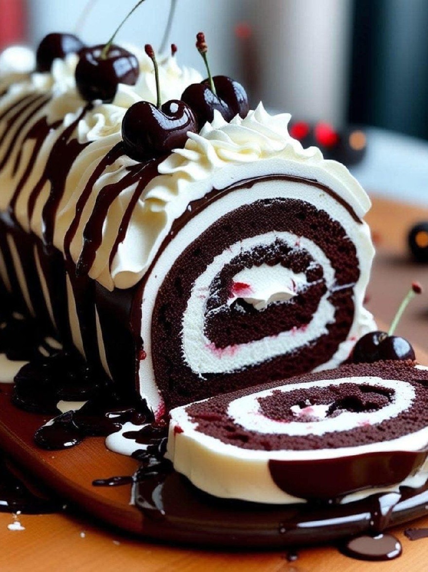 Русский промпт: Декадентский булочка шоколадного торта с глазури из сливочного сыра и вишни на вершине. Рулон нарезан и помещен на деревянную доску с морозкой шоколадного соуса на стороне. Фон размыта, но это кажется кухонной обстановкой. Корт - это основной центр изображения, а вишни добавляют цвет цвета. Изображение высококачественное и имеет водяной знак в правом нижнем углу. | Original prompt: A decadent chocolate cake roll with cream cheese frosting and cherries on top. The roll is sliced and placed on a wooden cutting board, with a drizzle of chocolate sauce on the side. The background is blurred, but it appears to be a kitchen setting. The cake roll is the main focus of the image, with the cherries adding a pop of color. The image is high quality and has a watermark in the bottom right corner.