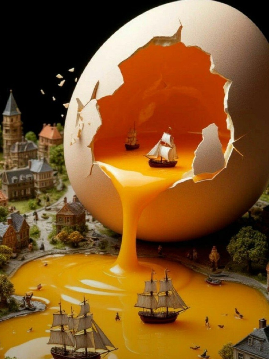 Русский промпт: Сюрреалистическое 3D -рендеринг большого, потрескавшегося яйца с отверстием в нем, окруженной яркой оранжевой жидкостью, которая была расплавлена и сочилась, создавая сюрреалистический ландшафт. Само яйцо большое и круглое, с большой дырой в центре, обнаруживая маленький город со зданиями, деревьями и небольшими лодками на воде. Город густонаселен людьми, а фон темный и не в фокусе. Изображение имеет сюрреалистическое, сюрреалистическое чувство с чувством глубины и размерности. Цвета яркие и яркие, а яичная скорлупа является основной целью сцены. | Original prompt: A surreal, 3D rendering of a large, cracked egg with a hole in it, surrounded by a vibrant, orange liquid that has been melted and oozing out, creating a surreal landscape. The egg itself is large and round, with a large hole in the center, revealing a small town with buildings, trees, and small boats on the water. The town is densely populated with people, and the background is dark and out of focus. The image has a surreal, surreal feel with a sense of depth and dimensionality. The colors are bright and vivid, with the eggshell being the main focus of the scene.