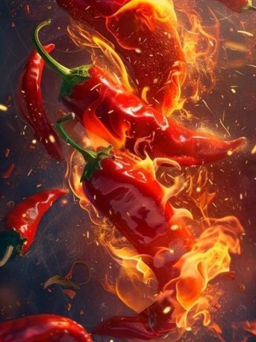 Русский промпт: Цифровая иллюстрация хаотической сцены из красного горячего перца чили в огне с темным, дымным фоном. Перец расположены хаотично, с некоторыми перекрывающимися друг с другом, а некоторые разбросаны вокруг. Пламя ярко -оранжевый и желтый, а перец имеет глянцевую текстуру. Освещение драматичное, с пламенем, охватившим перец и создавая ощущение движения и энергии. Общий эффект - это интенсивное тепло и интенсивность. | Original prompt: A digital illustration of a chaotic scene of red hot chili peppers on fire, with a dark, smoky background. The peppers are arranged in a chaotic manner, with some overlapping each other, and some scattered around. The flames are bright orange and yellow, and the peppers have a glossy texture. The lighting is dramatic, with the flames engulfing the peppers and creating a sense of movement and energy. The overall effect is one of intense heat and intensity.