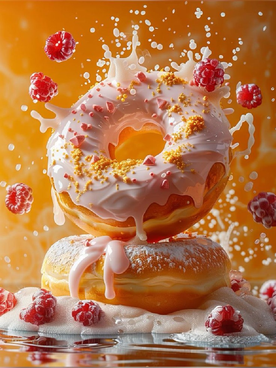 Русский промпт: Крупным планом пончика с белой глазурью и желтыми брызгами, брызгая в бассейн с водой. Пончик расположен поверх другого пончика, оба покрыта сахарным пудром и покрыт малиной. Фон - апельсиновый градиент, придающий изображению теплое и привлекательное чувство. Изображение очень подробно и реалистично, с акцентом на пончик и его эффект брызги. | Original prompt: A close-up of a donut with a white glaze and yellow sprinkles, splashing into a pool of water. The donut is placed on top of another donut, both covered in powdered sugar and topped with raspberries. The background is an orange gradient, giving the image a warm and inviting feel. The image is highly detailed and realistic, with a focus on the donut and its splashing effect.