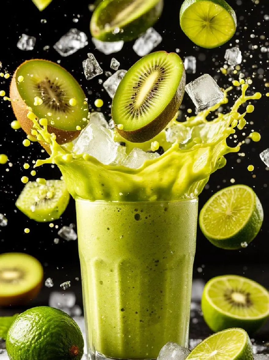 Русский промпт: Яркий зеленый смузи с кусочками киви и лаймами, плескающими в высокий стакан, наполненный кубиками льда. Смузи находится в центре изображения, с всплеском зеленого сока сверху. Стекло прозрачное, что позволяет зрителю видеть текстуру смузи. Фон - темный, твердый черный, обеспечивающий резкий контраст с ярко -зеленым из кусочков киви и лайма. Изображение имеет профессиональный вид высокого разрешения с акцентом на яркие цвета и динамическую композицию. | Original prompt: A vibrant green smoothie with kiwi slices and limes splashing into a tall glass filled with ice cubes. The smoothie is in the center of the image, with a splash of green juice on top. The glass is transparent, allowing the viewer to see the texture of the smoothie. The background is a dark, solid black, providing a stark contrast to the bright green of the kiwis and lime slices. The image has a high-resolution, professional look with a focus on the vibrant colors and dynamic composition.