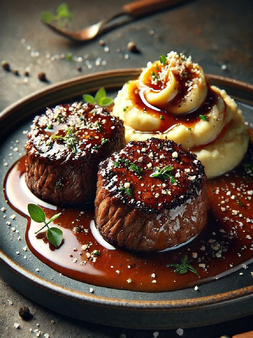 Русский промпт: Фото тарелка с двумя стейками, пюре с картофелем и соусом. Стейки приготовлены средним редким, с золотисто -коричневой корочкой и сочным центром. Картофельное пюре из сливочного и гладкого, увенчанное щедрой помощью картофельного пюре и сбрызнуть богатым темным соусом. Соус густой и густой, с пятнами трав и специй, посыпанных сверху. Тарелка установлена на темной текстурированной поверхности с деревенским, промышленным ощущением. Освещение мягкое и теплое, выделяя стейки и пюре с картофелем. Общее настроение элегантно и утончено. | Original prompt: Photo of a plate with two steaks, mashed potatoes, and gravy. The steaks are cooked medium rare, with a golden brown crust and a juicy center. The mashed potatoes are creamy and smooth, topped with a generous helping of mashed potatoes and drizzled with a rich, dark sauce. The gravy is thick and thick, with flecks of herbs and spices sprinkled on top. The plate is set on a dark, textured surface with a rustic, industrial feel. The lighting is soft and warm, highlighting the steaks and mashed potatoes. The overall mood is elegant and sophisticated.
