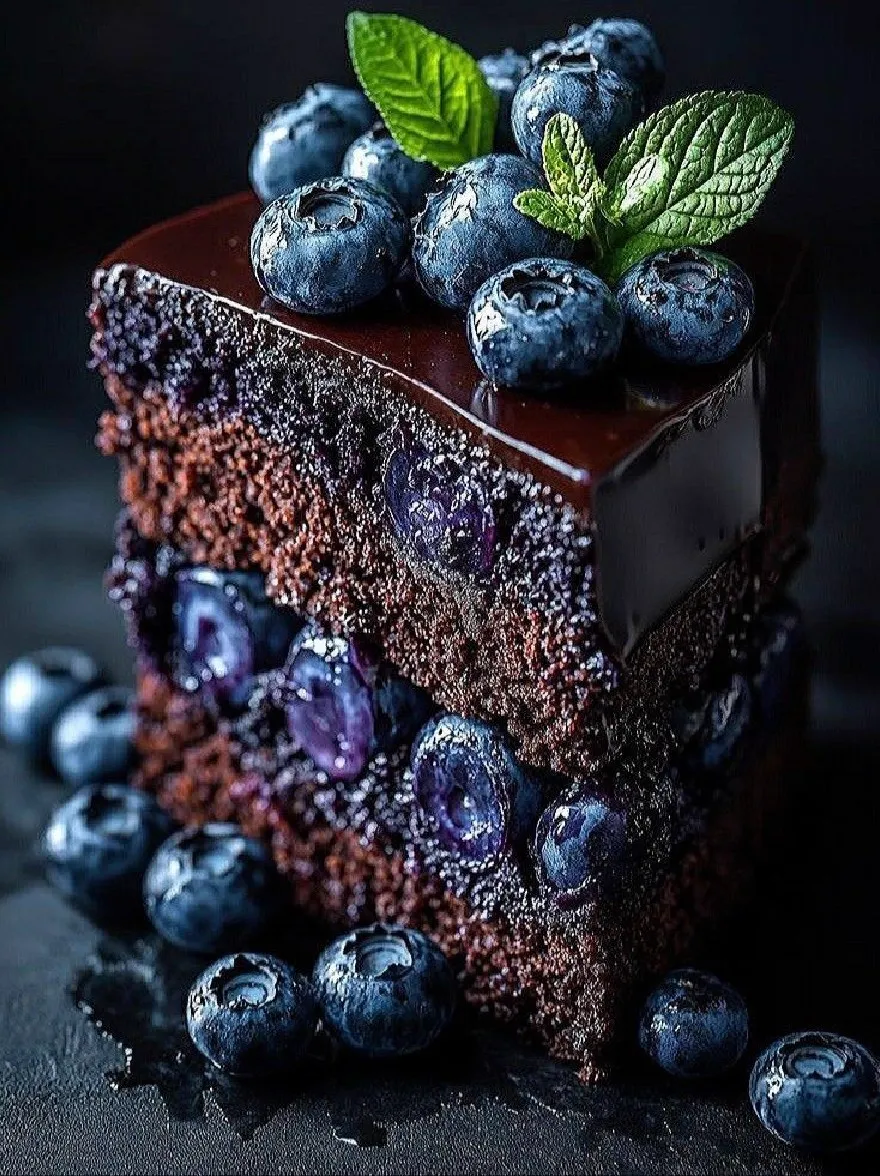 Русский промпт: Декадентский шоколадный торт с богатой темной шоколадной глазурью и покрытый свежей черникой и веточкой мяты. Торт помещается на темную текстурированную поверхность, с темным фоном, обеспечивающим поразительный контраст. Черника расположена в аккуратном и упорядоченном виде, с некоторыми разбросанными вокруг основания торта. Мятный лист добавляет свежесть в презентацию, что делает торт еще более аппетитным. Изображение имеет высококачественный, профессиональный вид с акцентом на вкусность десерта. | Original prompt: A decadent chocolate cake with a rich, dark chocolate frosting and topped with fresh blueberries and a sprig of mint. The cake is placed on a dark, textured surface, with a dark background providing a striking contrast. The blueberries are arranged in a neat and orderly fashion, with some scattered around the base of the cake. The mint leaf adds a touch of freshness to the presentation, making the cake look even more appetizing. The image has a high-quality, professional look with a focus on the deliciousness of the dessert.