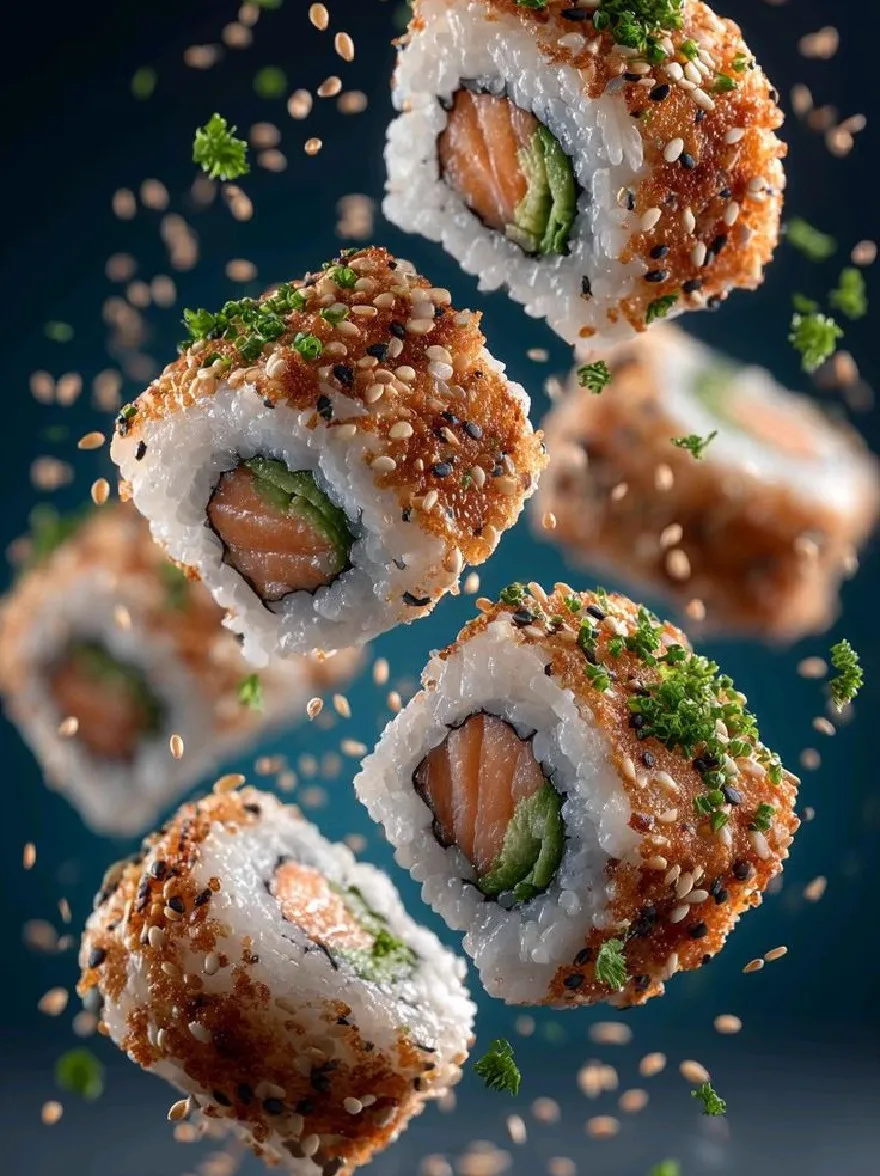 Русский промпт: Фотография суши с лососью, авокадо и кунжутными семенами, летающими в воздухе, поставлена на темно -синем фоне. Суши -рулоны расположены в кластере, с некоторыми перекрывающимися друг с другом. Лосось приготовлен до совершенства, со светло -розовым цветом и хрустящей текстурой. Авокадо нарезается на тонкие ломтики и посыпал кунжутным семенем и нарезанной петрушкой. Рулоты окружены щедрым количеством кунжутных хлопьев, придающих им хрустящую текстуру и соленый вкус. Освещение мягкое и равномерное, выделяя суши -рулоны и текстуру суши. Общий эффект - визуально привлекательная и аппетитная презентация. | Original prompt: Photo of sushi rolls with salmon, avocado, and sesame seeds flying in the air, set against a dark blue background. The sushi rolls are arranged in a cluster, with some overlapping each other. The salmon is cooked to perfection, with a light pink color and a crispy texture. The avocado is cut into thin slices, and sprinkled with sesame seed and chopped parsley. The rolls are surrounded by a generous amount of sesame flakes, giving them a crunchy texture and a salty flavor. The lighting is soft and even, highlighting the sushi rolls and the texture of the sushi. The overall effect is a visually appealing and appetizing presentation.