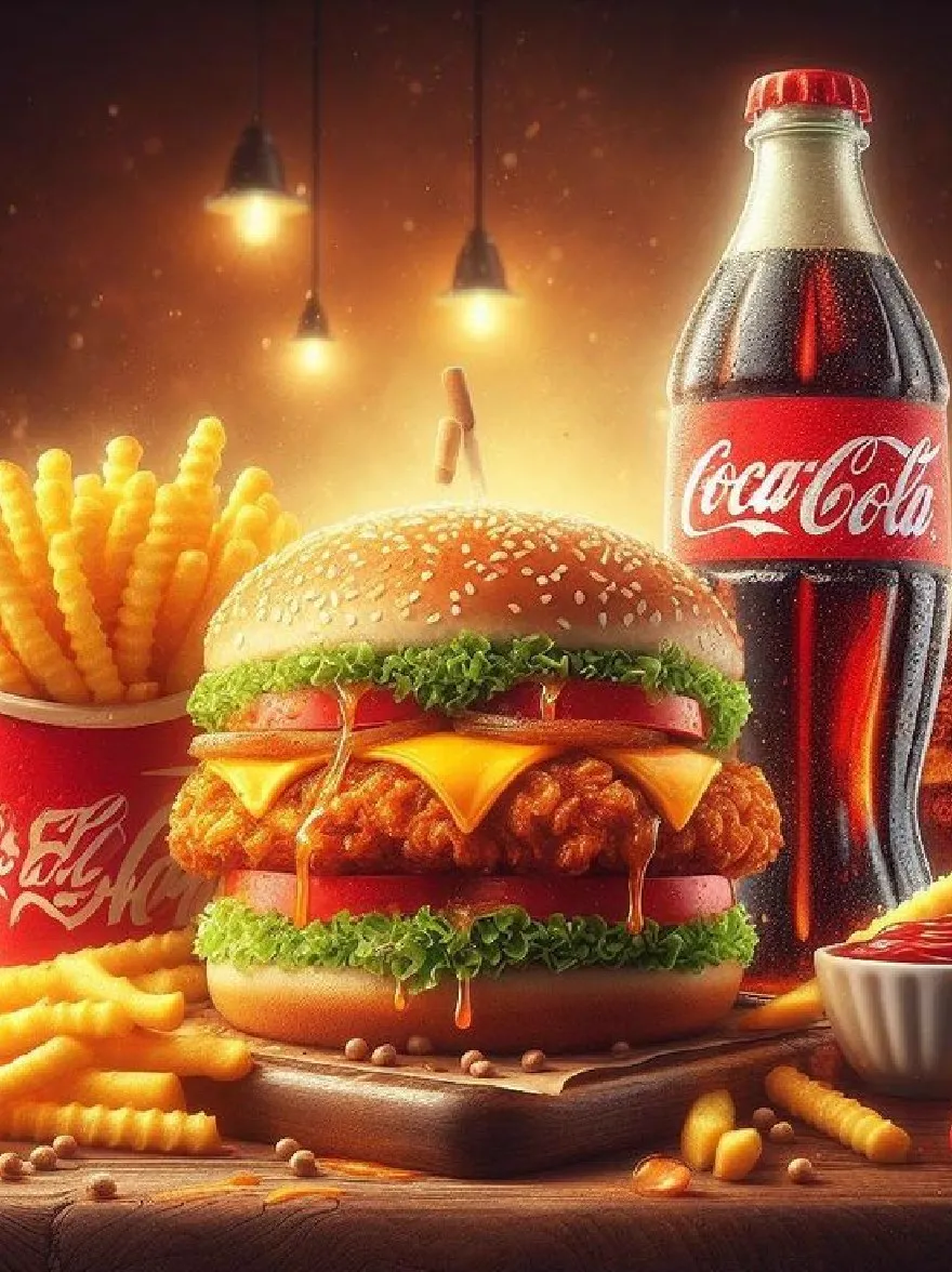 Русский промпт: Очень подробный, реалистичный 3D-рендеринг большого, сочного чизбургера с кунжутным булочкой, салатом, помидорами и сыром, в сопровождении хрустящей жареной курицы, картофеля фри и стакана кока-колы. Бургер расположен на деревянной режущей доске с красной и белой бумажной чашкой "Coca-Cola" рядом с ним. Фон представляет собой теплую, деревенскую обстановку с мягким, теплым освещением, создавая уютную атмосферу. Изображение имеет высококачественный, реалистичный стиль с акцентом на текстуры и эффекты освещения. В левом нижнем углу есть водяной знак. | Original prompt: A highly detailed, realistic 3D rendering of a large, juicy cheeseburger with a sesame seed bun, lettuce, tomato, and cheese on top, accompanied by crispy fried chicken, french fries, and a glass of Coca-Cola. The burger is placed on a wooden cutting board, with a red and white "Coca-Cola" paper cup beside it. The background is a warm, rustic setting with soft, warm lighting, creating a cozy atmosphere. The image has a high-quality, realistic style with a focus on textures and lighting effects. In the bottom left corner, there is a watermark.