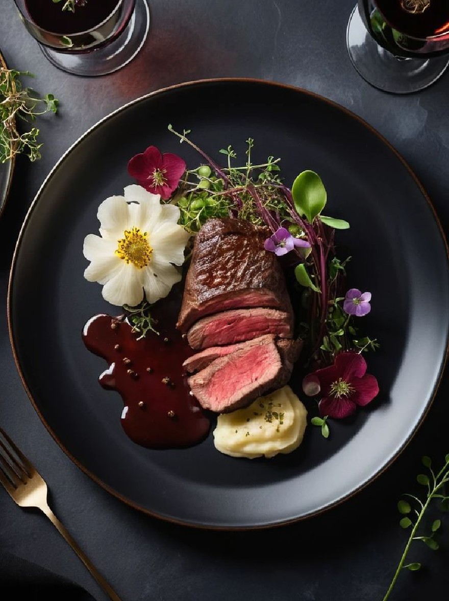 Русский промпт: Фотография черной тарелки, увенчанной сочным кусочком стейка, пюре с картофелем и разнообразными красочными цветами. Стейк приготовлен до совершенства, с золотой корой и сочным центром. Картофельное пюре из сливочного и нежного, а цветы расположены вокруг стейка. Тарелка установлена на темной текстурированной поверхности, с двумя бокалами красного вина с обеих сторон. Вилка расположена на левой стороне тарелки, готовой к использованию, чтобы насладиться едой. Общая эстетика элегантная и сложная. | Original prompt: A photograph of a black plate topped with a succulent piece of steak, mashed potatoes, and a variety of colorful flowers. The steak is cooked to perfection, with a golden crust and a juicy center. The mashed potatoes are creamy and tender, and the flowers are arranged around the steak. The plate is set on a dark, textured surface, with two glasses of red wine on either side. A fork is placed on the left side of the plate, ready to be used to enjoy the meal. The overall aesthetic is elegant and sophisticated.
