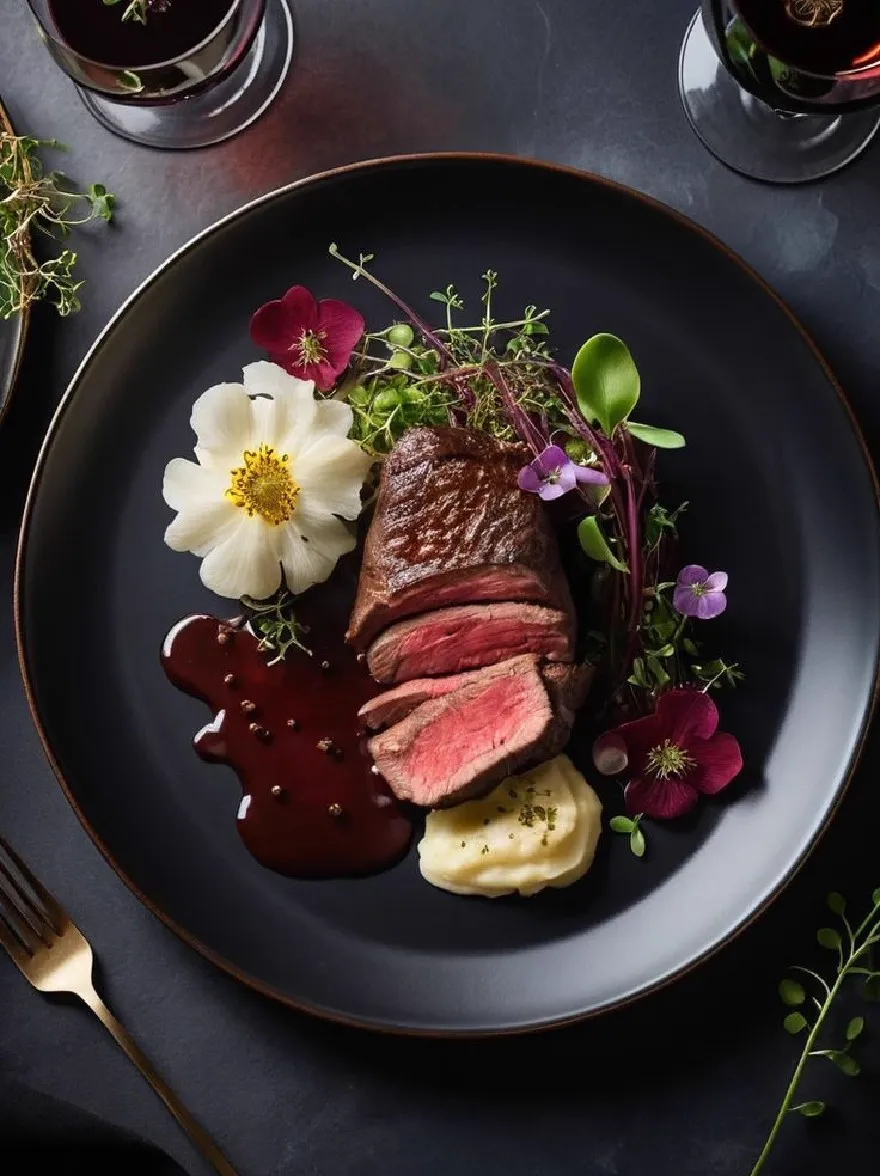 Русский промпт: Фотография черной тарелки, увенчанной сочным кусочком стейка, пюре с картофелем и разнообразными красочными цветами. Стейк приготовлен до совершенства, с золотой корой и сочным центром. Картофельное пюре из сливочного и нежного, а цветы расположены вокруг стейка. Тарелка установлена на темной текстурированной поверхности, с двумя бокалами красного вина с обеих сторон. Вилка расположена на левой стороне тарелки, готовой к использованию, чтобы насладиться едой. Общая эстетика элегантная и сложная. | Original prompt: A photograph of a black plate topped with a succulent piece of steak, mashed potatoes, and a variety of colorful flowers. The steak is cooked to perfection, with a golden crust and a juicy center. The mashed potatoes are creamy and tender, and the flowers are arranged around the steak. The plate is set on a dark, textured surface, with two glasses of red wine on either side. A fork is placed on the left side of the plate, ready to be used to enjoy the meal. The overall aesthetic is elegant and sophisticated.