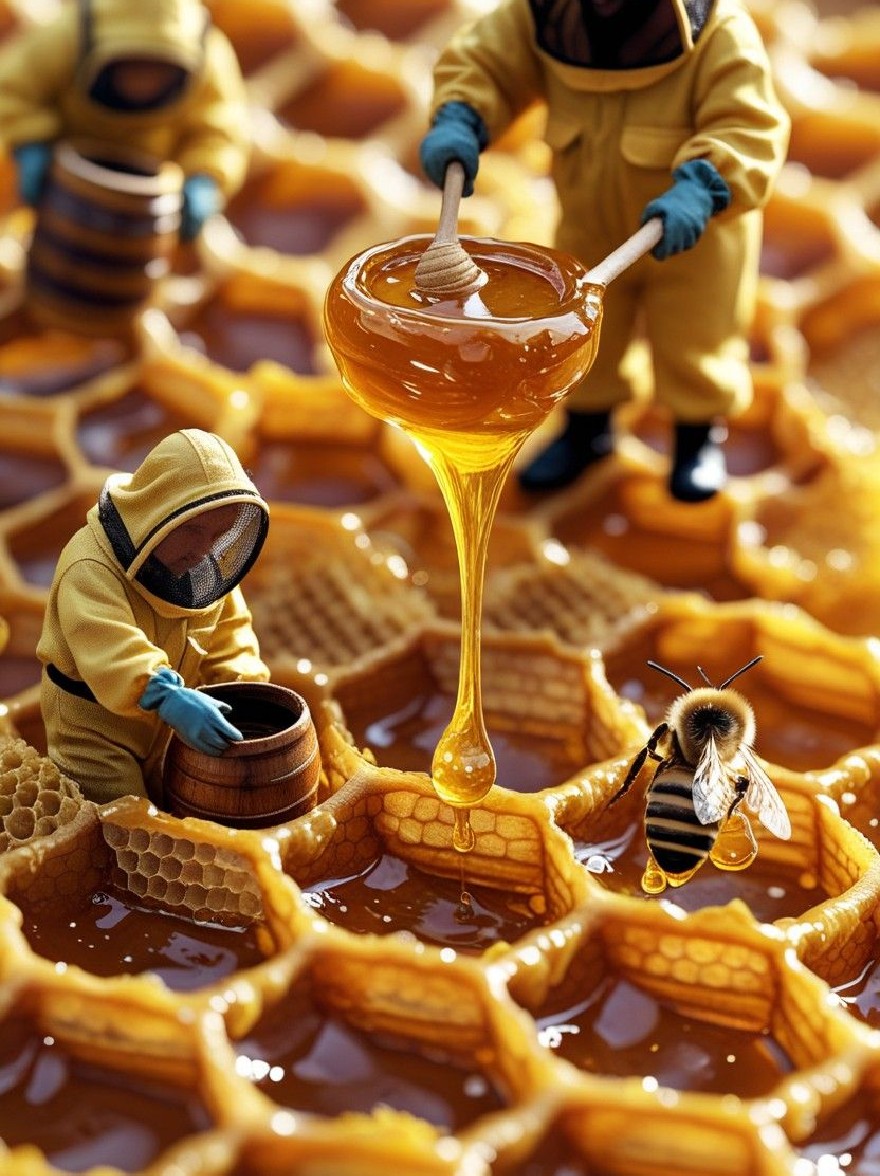 Русский промпт: Фото трех пчеловодов, одетых в желтые костюмы для хахмата и голубые перчатки, стоящие на сотах с медом, капающим из деревянной ложки в деревянную ствол. Пчелы гудят вокруг соты, а мед блестящий с золотым оттенком. Фон размыт, но, по -видимому, это сотовая ферма с большим количеством пчел на расстоянии. Фокус избирательно помещается на пчелы и соты. | Original prompt: Photo of three beekeepers wearing yellow hazmat suits and blue gloves, standing on honeycombs with honey dripping from a wooden spoon into a wooden barrel. The bees are buzzing around the honeycomb, and the honey is glistening with a golden hue. The background is blurred, but it appears to be a honeycomb farm with more honeybees in the distance. The focus is selectively placed on the bees and honeycomb.