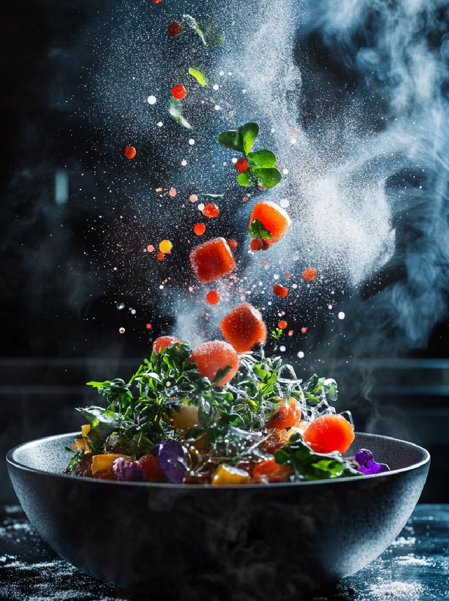 Русский промпт: Фотография чаши, наполненную красочным салатом, состоящей из различных овощей, таких как морковь, картофель и зелень. Чаша помещается на темную, текстурированную поверхность, с дымной, туманной атмосферой, окружающей ее. Овощи расположены по круговому рисунку, а некоторые перекрывают друг друга. Цвета овощей яркие, с оттенками красного, оранжевого, желтого и зеленого. Фон размыт, придавая изображению мечтательное, эфирное чувство. Освещение мягкое и распространенное, создавая ощущение движения и энергии. Общее настроение динамично и очаровательно. | Original prompt: A photograph of a bowl filled with a colorful salad, consisting of various vegetables such as carrots, potatoes, and greens. The bowl is placed on a dark, textured surface, with a smoky, foggy atmosphere surrounding it. The vegetables are arranged in a circular pattern, with some overlapping each other. The colors of the vegetables are vibrant, with shades of red, orange, yellow, and green. The background is blurred, giving the image a dreamy, ethereal feel. The lighting is soft and diffused, creating a sense of movement and energy. The overall mood is dynamic and captivating.